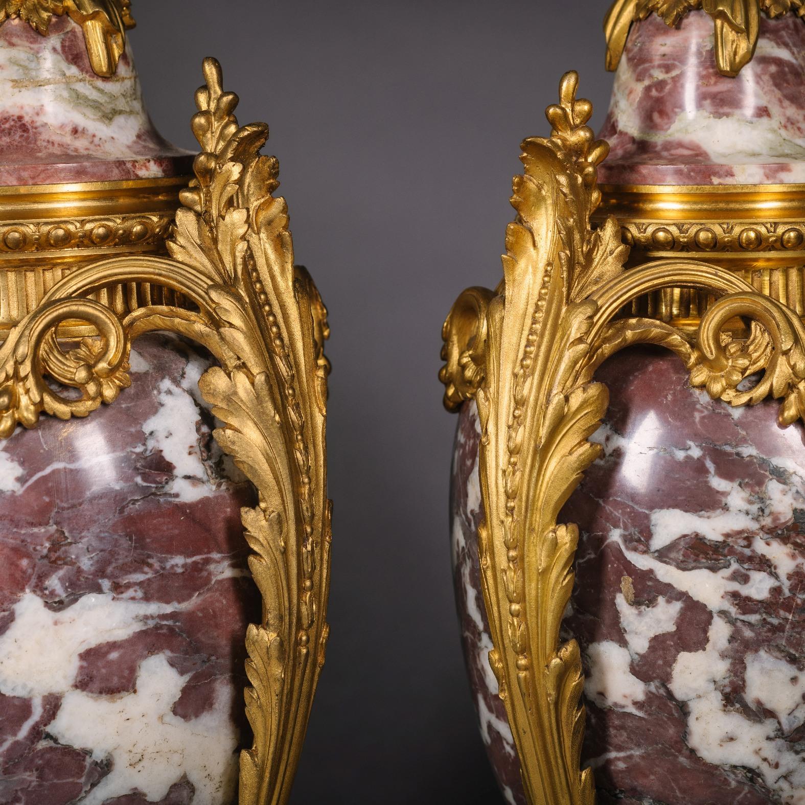 19th Century Pair of Louis XVI Style Fleur De Pêcher Marble Vases, Mounted as Lamps For Sale