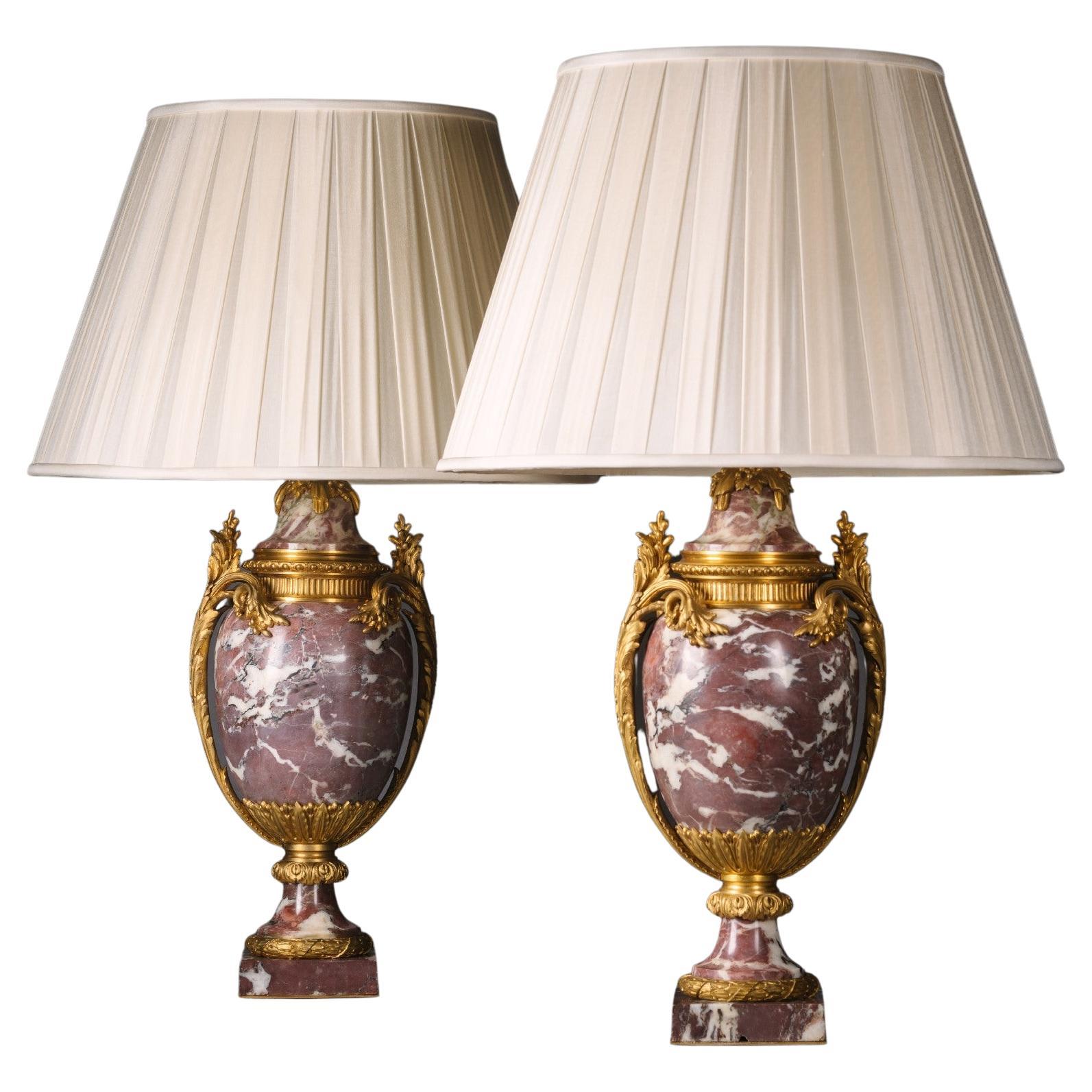 Pair of Louis XVI Style Fleur De Pêcher Marble Vases, Mounted as Lamps