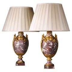 Antique Pair of Louis XVI Style Fleur De Pêcher Marble Vases, Mounted as Lamps