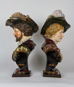 Pair of Louis XVI Style French Majolica Porcelain Busts of Royals