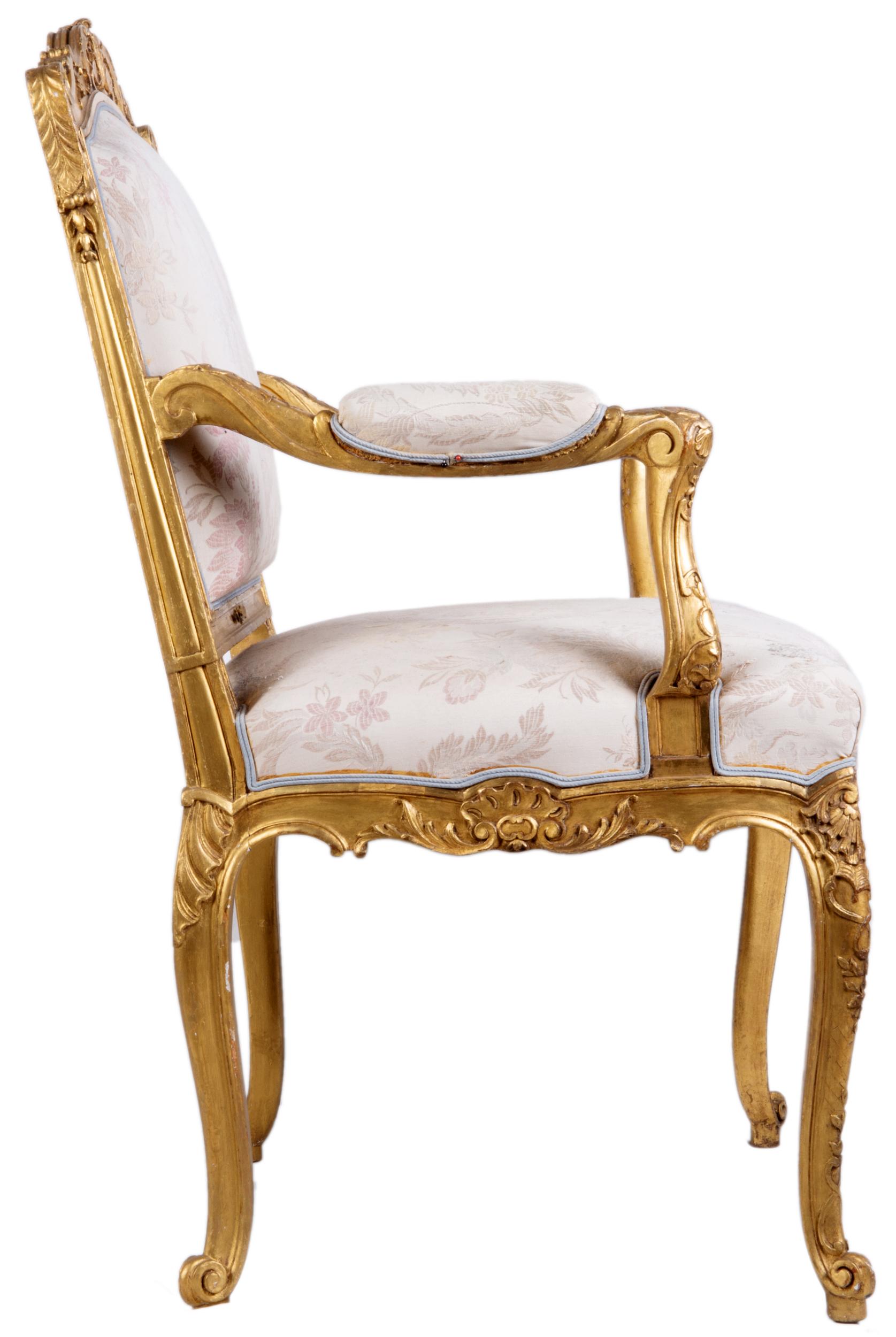 English Pair of Louis XVI Style Gilded Armchairs by 'Mellier' For Sale