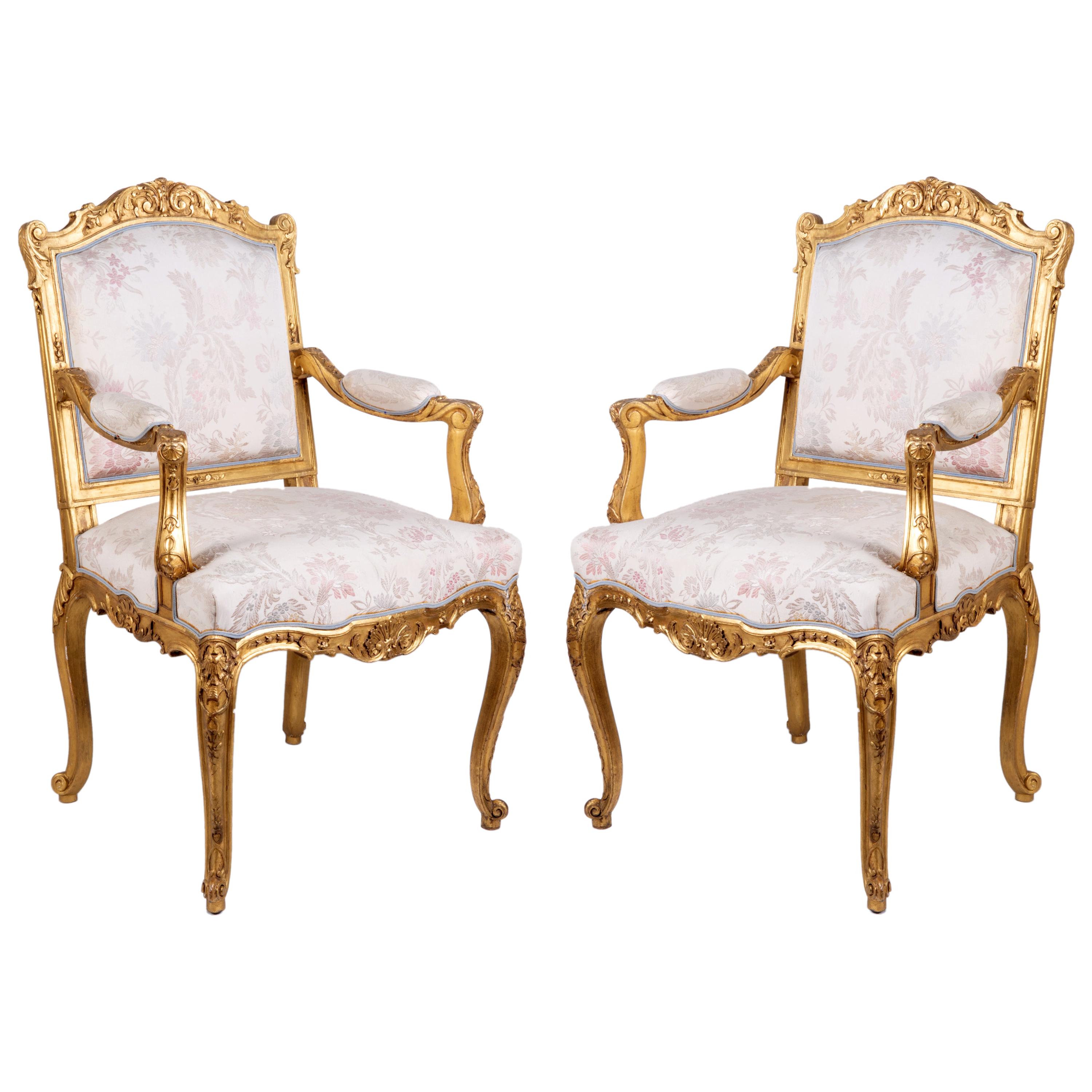 Pair of Louis XVI Style Gilded Armchairs by 'Mellier' For Sale