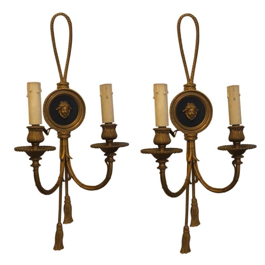 Early 20th Century Two Louis XVI Style Gilded Bronze Italian Medusa Wall Sconces