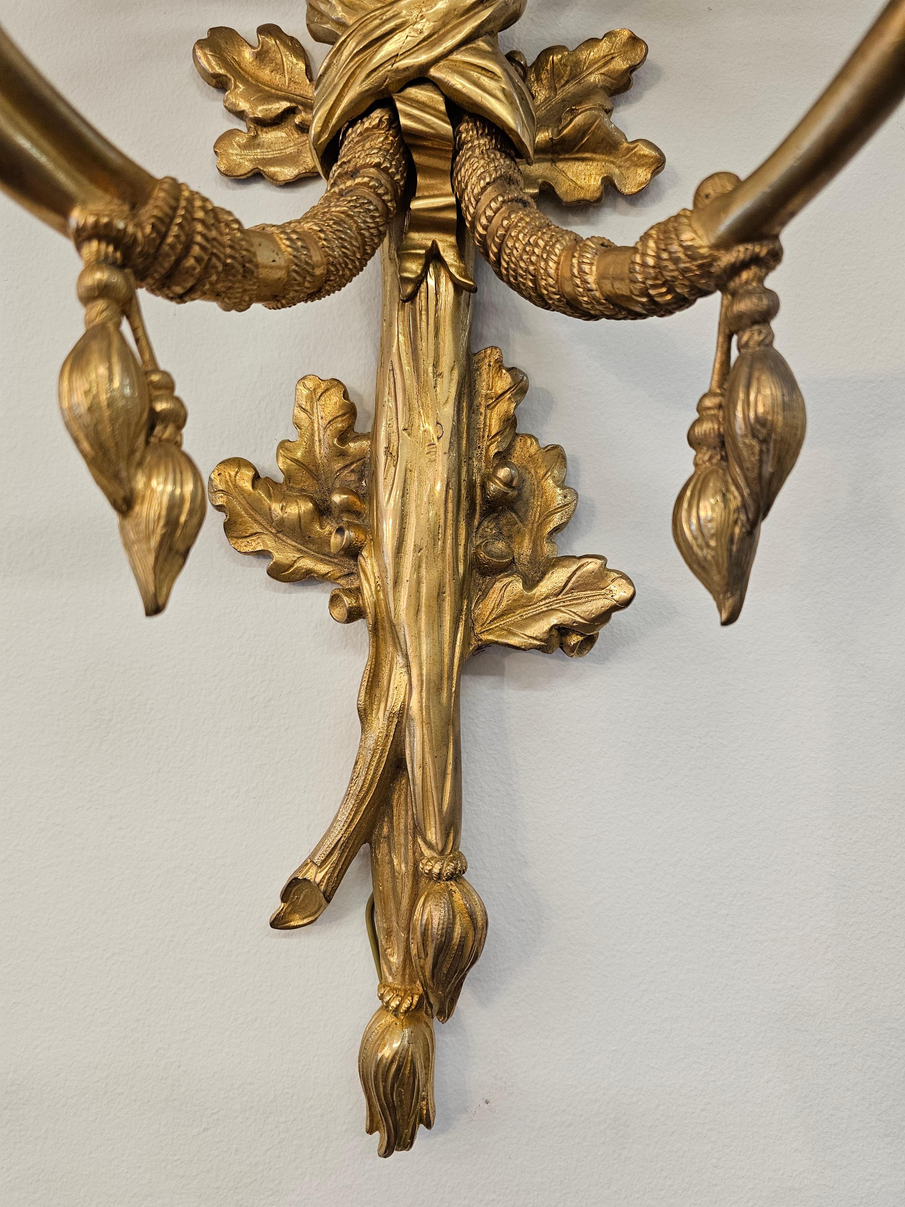 Pair of Louis XVI Style Gilt Bronze 2 Light Horn/Trumpet Wall Sconces For Sale 5