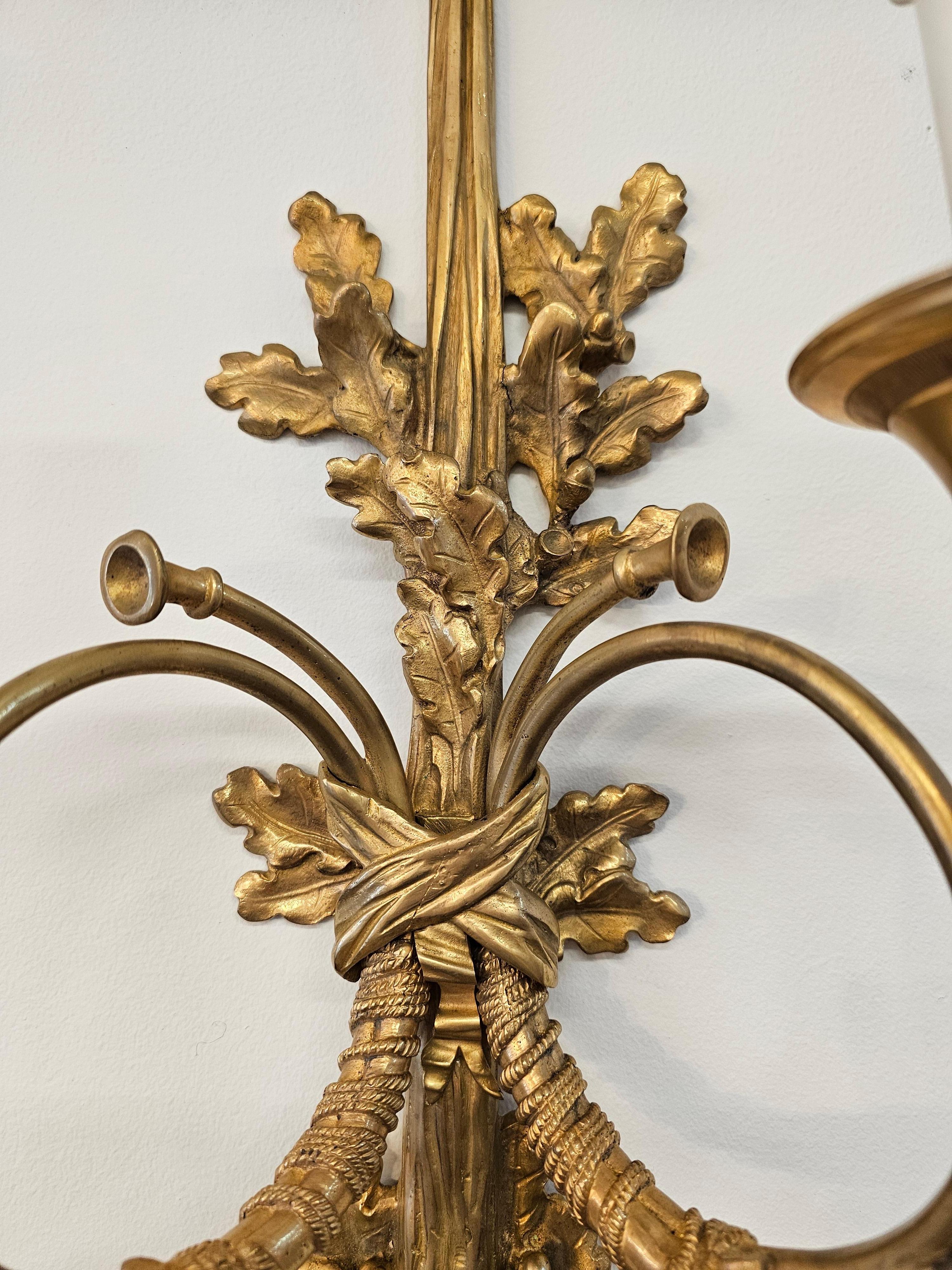 Pair of Louis XVI Style Gilt Bronze 2 Light Horn/Trumpet Wall Sconces For Sale 6