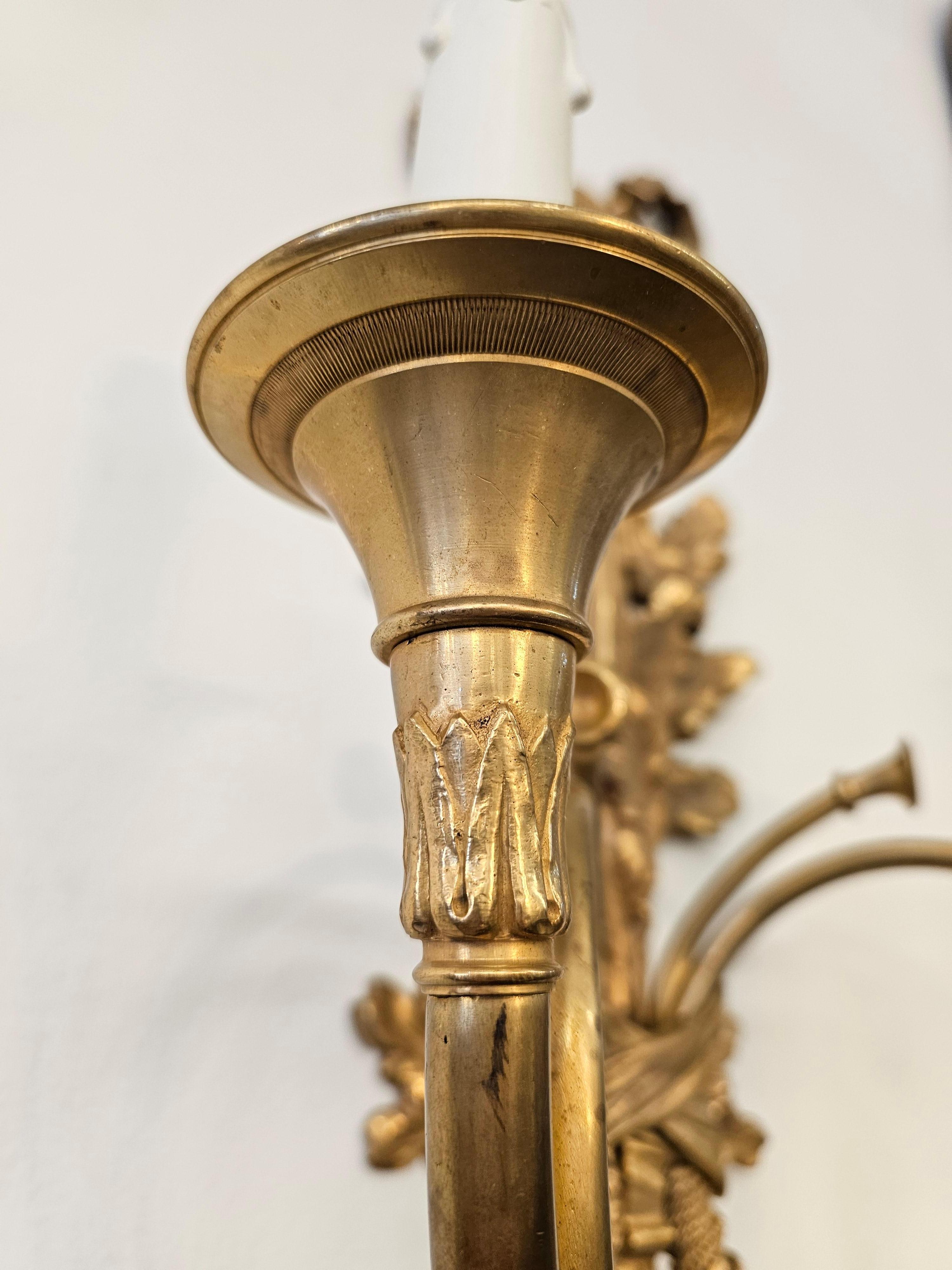 Pair of Louis XVI Style Gilt Bronze 2 Light Horn/Trumpet Wall Sconces For Sale 7
