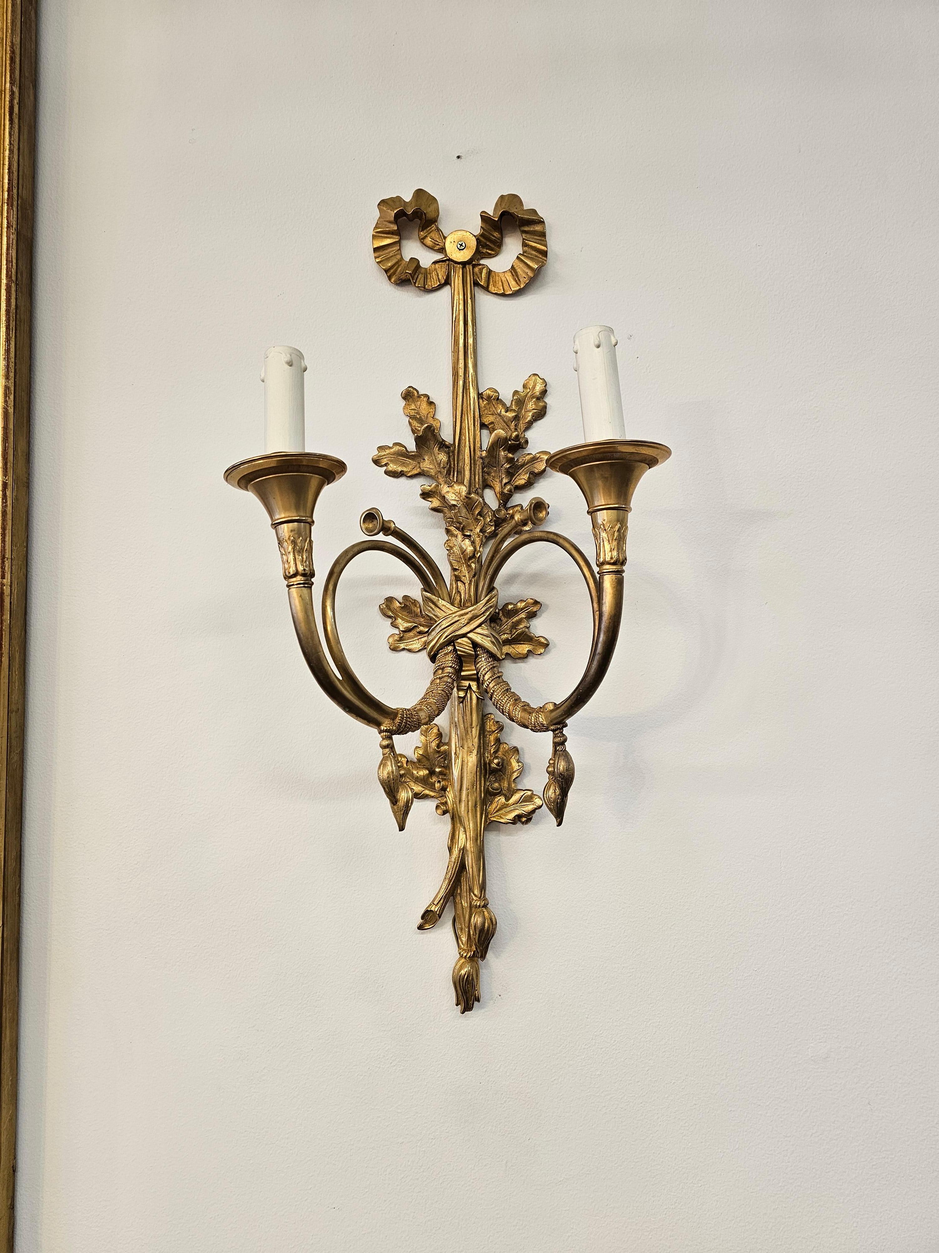19th Century Pair of Louis XVI Style Gilt Bronze 2 Light Horn/Trumpet Wall Sconces For Sale