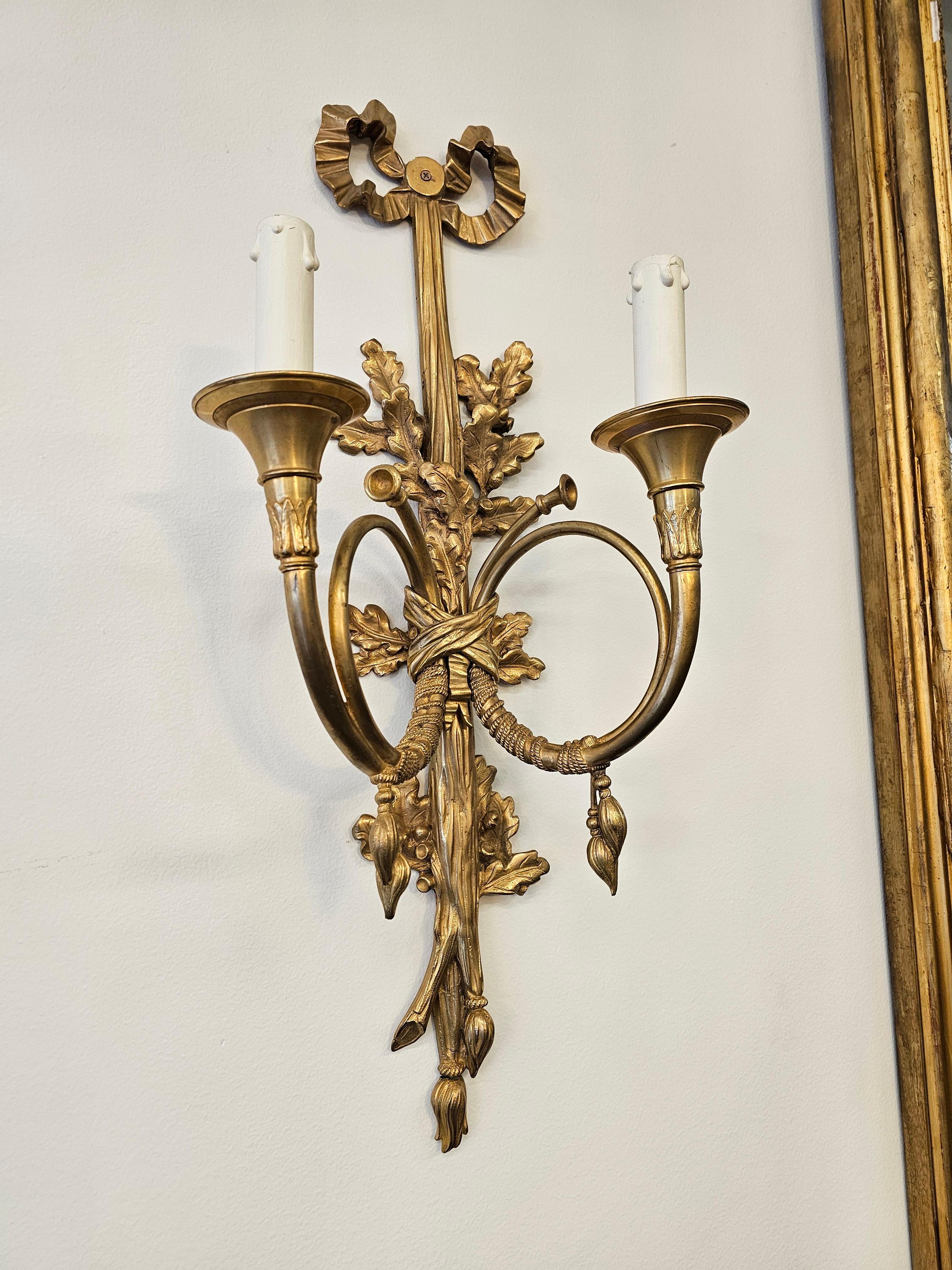 Pair of Louis XVI Style Gilt Bronze 2 Light Horn/Trumpet Wall Sconces For Sale 1