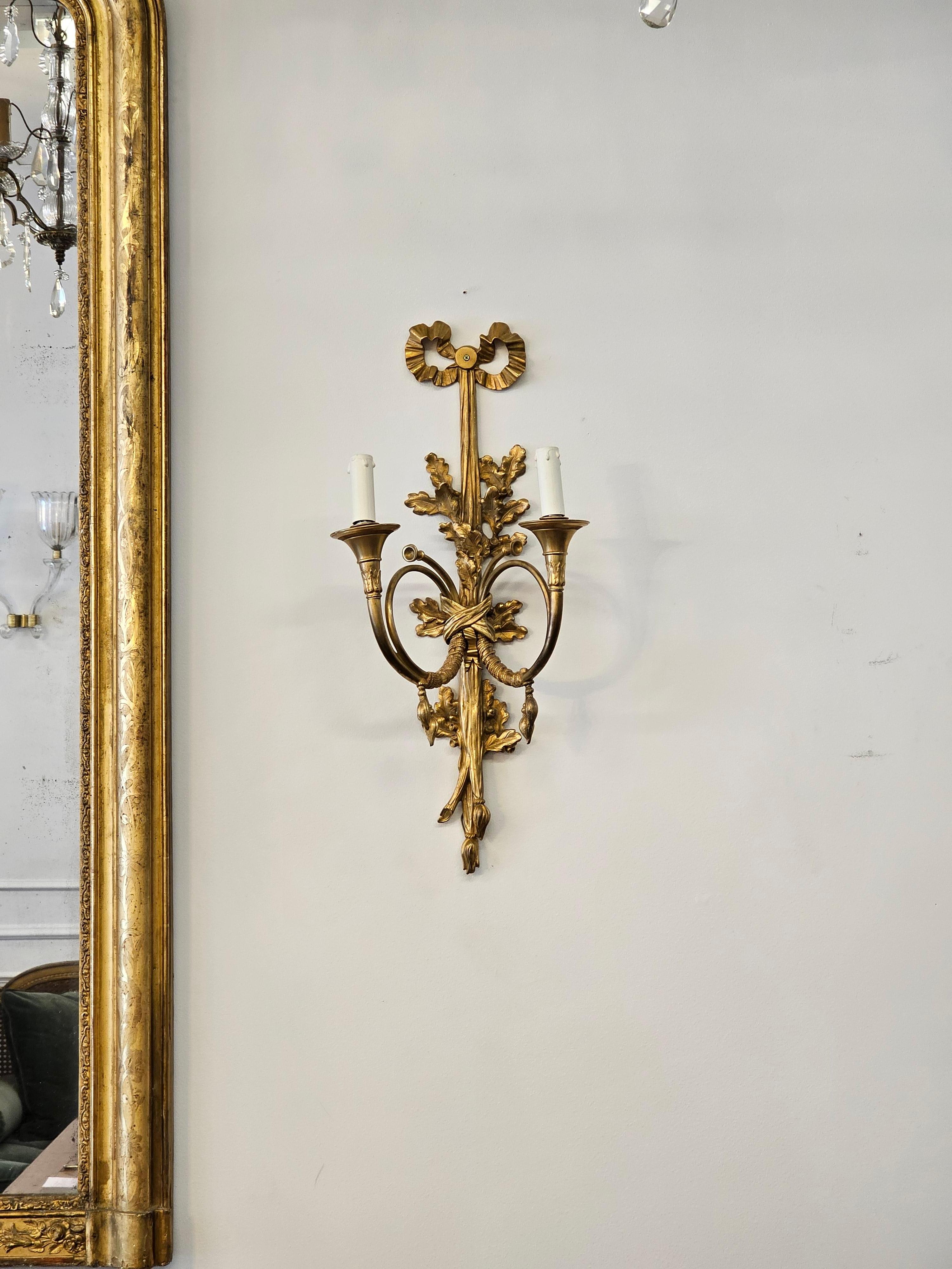 Pair of Louis XVI Style Gilt Bronze 2 Light Horn/Trumpet Wall Sconces For Sale 2