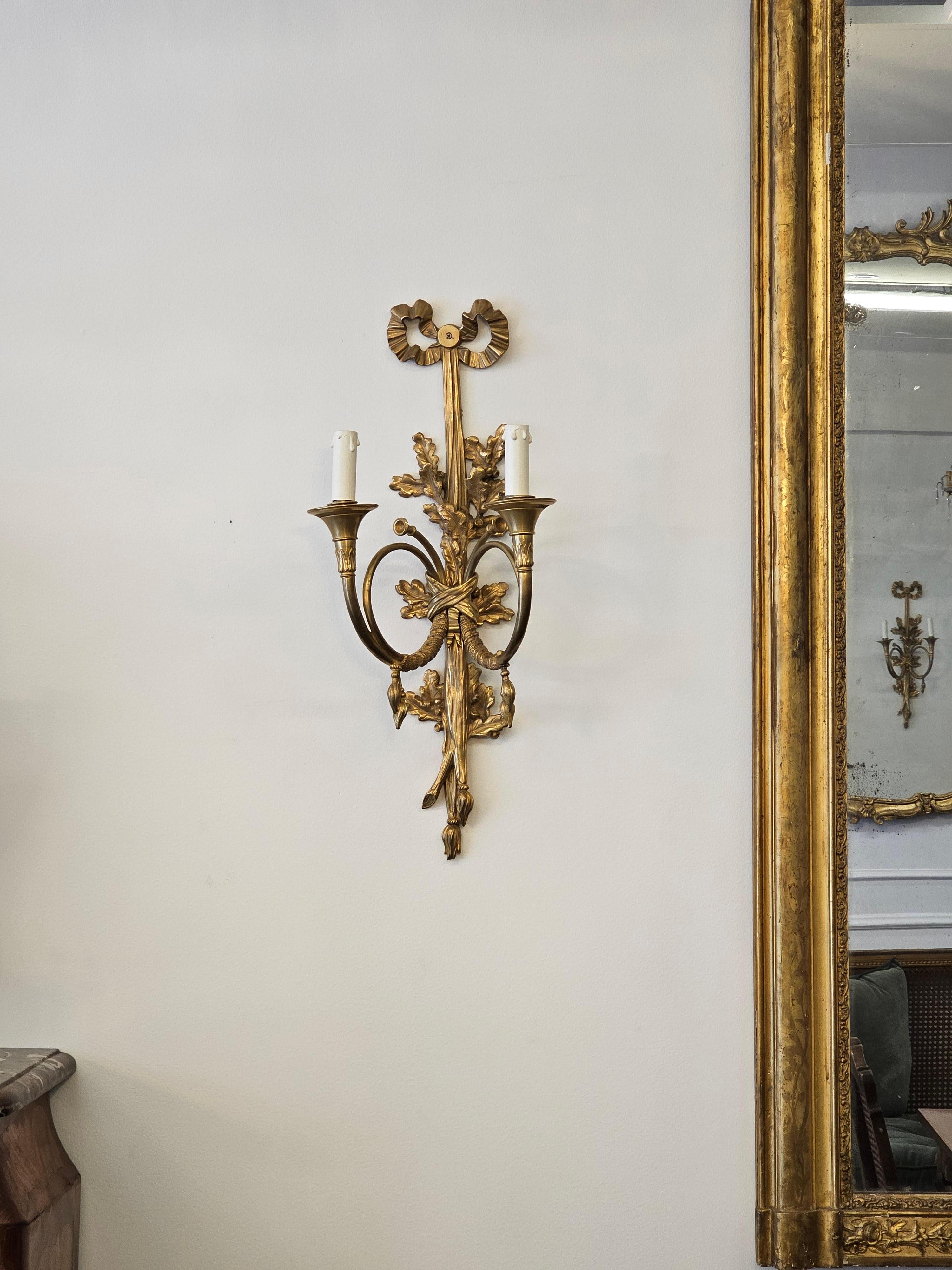 Pair of Louis XVI Style Gilt Bronze 2 Light Horn/Trumpet Wall Sconces For Sale 3