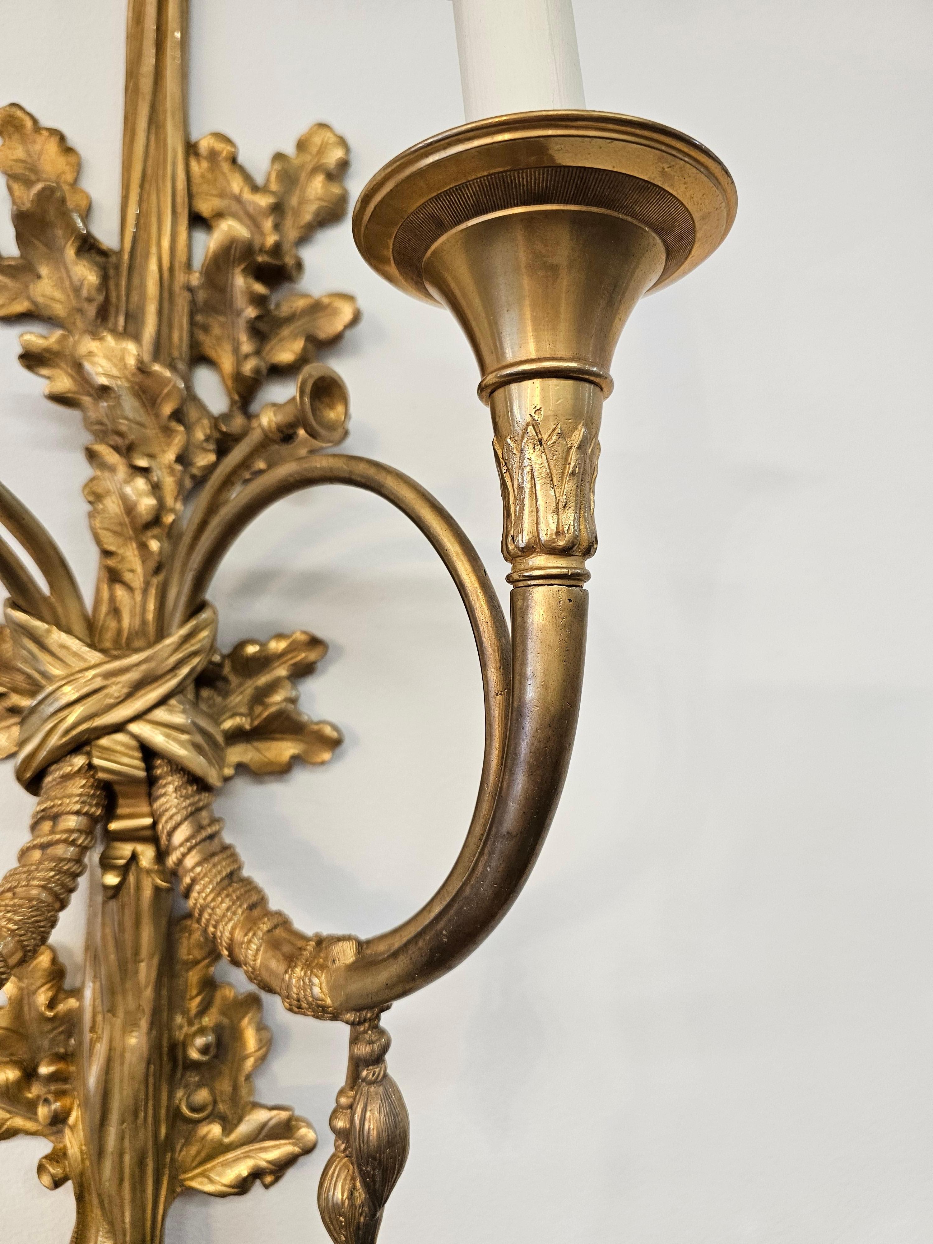 Pair of Louis XVI Style Gilt Bronze 2 Light Horn/Trumpet Wall Sconces For Sale 4