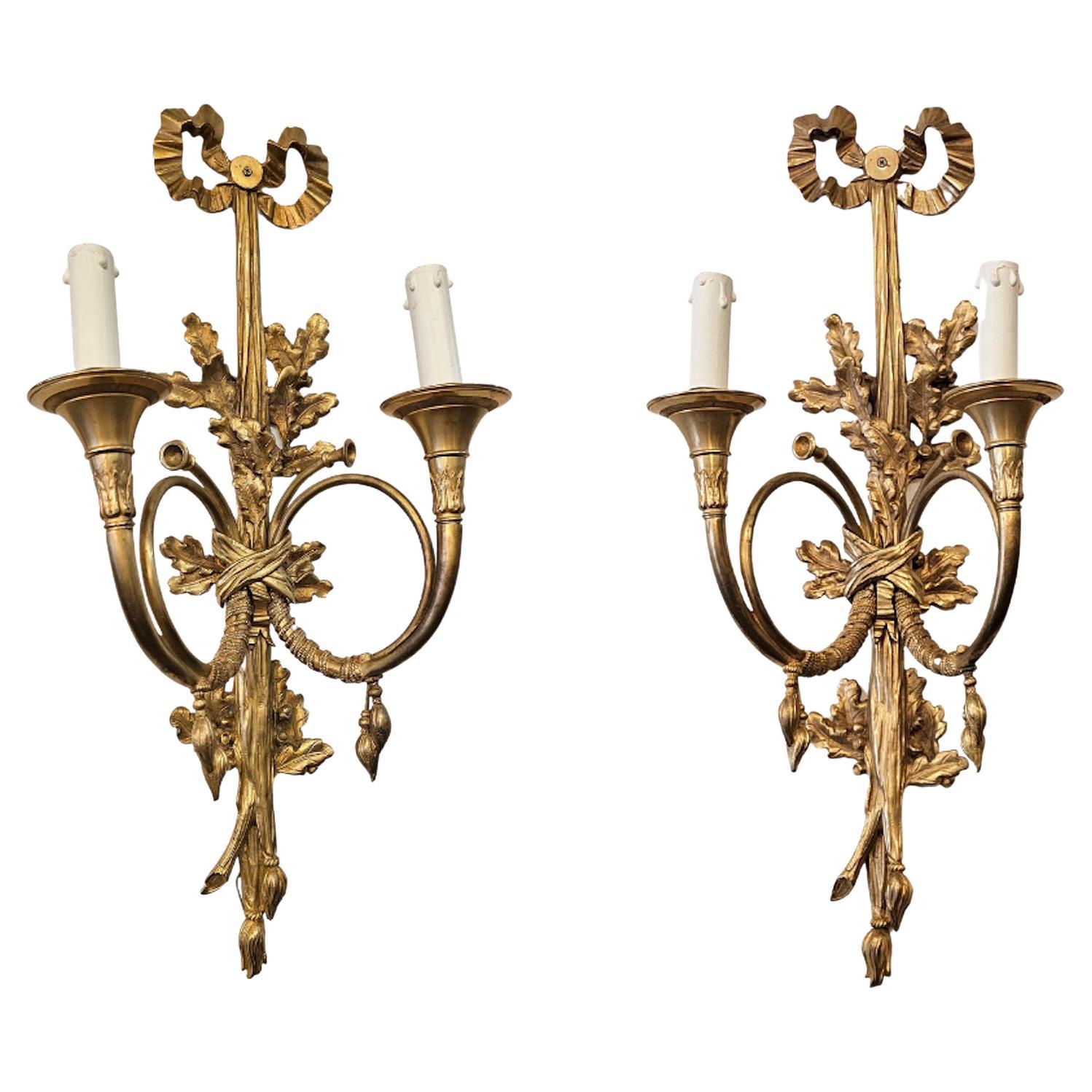 Pair of Louis XVI Style Gilt Bronze 2 Light Horn/Trumpet Wall Sconces For Sale