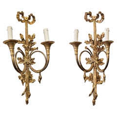 Pair of Louis XVI Style Gilt Bronze 2 Light Horn/Trumpet Wall Sconces