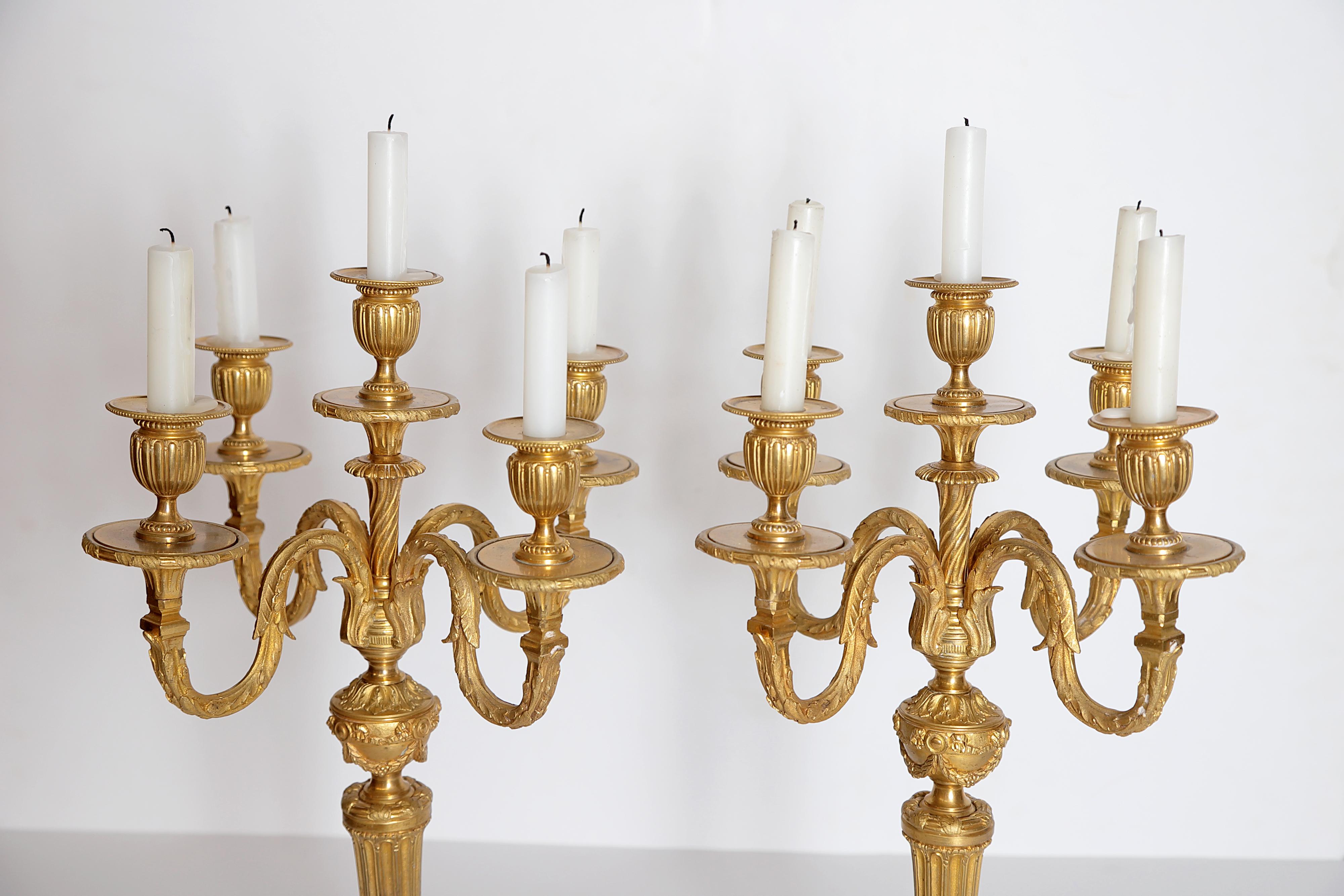 Pair of Louis XVI Style Gilt Bronze 5-Light Candelabra 4