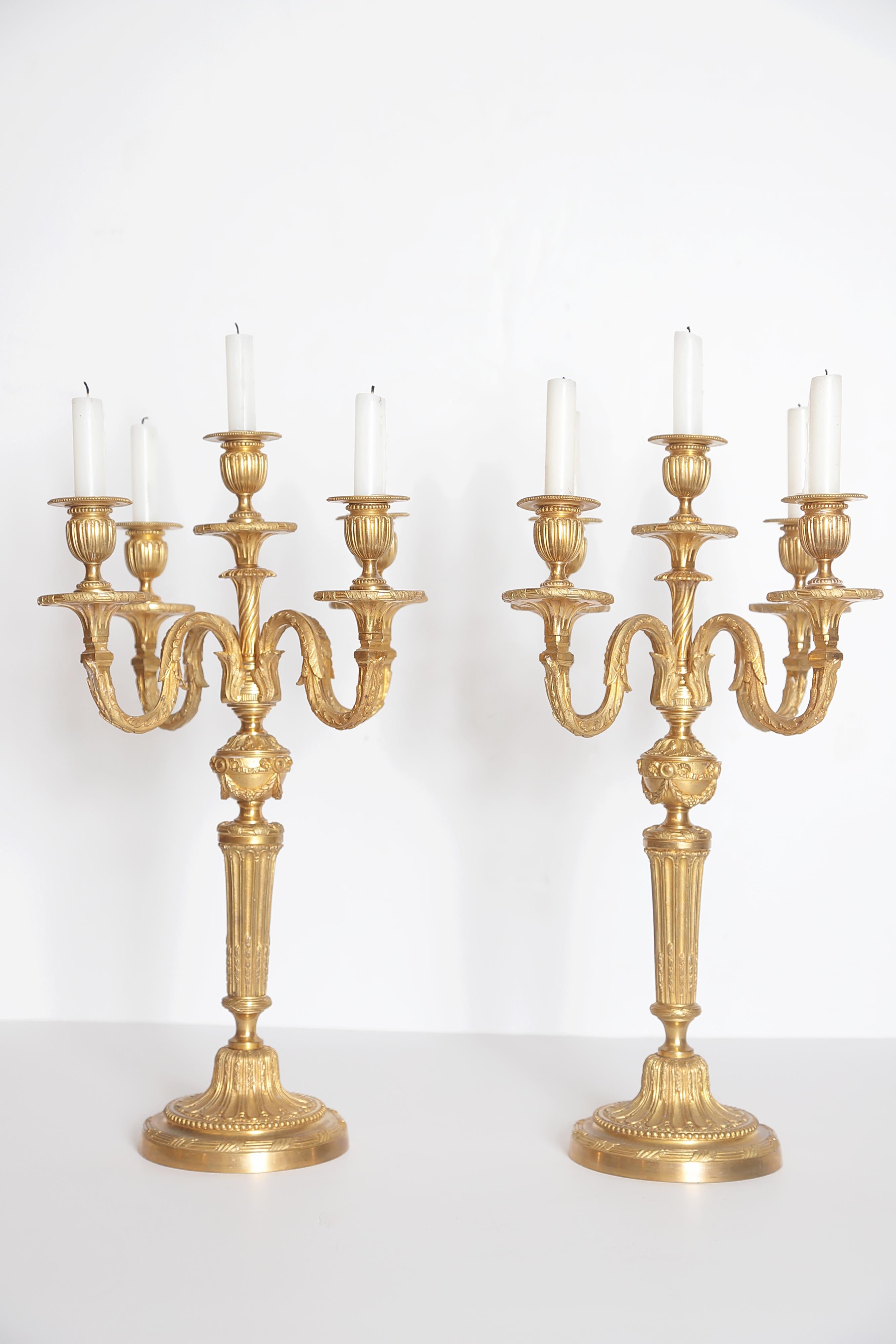 Cast Pair of Louis XVI Style Gilt Bronze 5-Light Candelabra