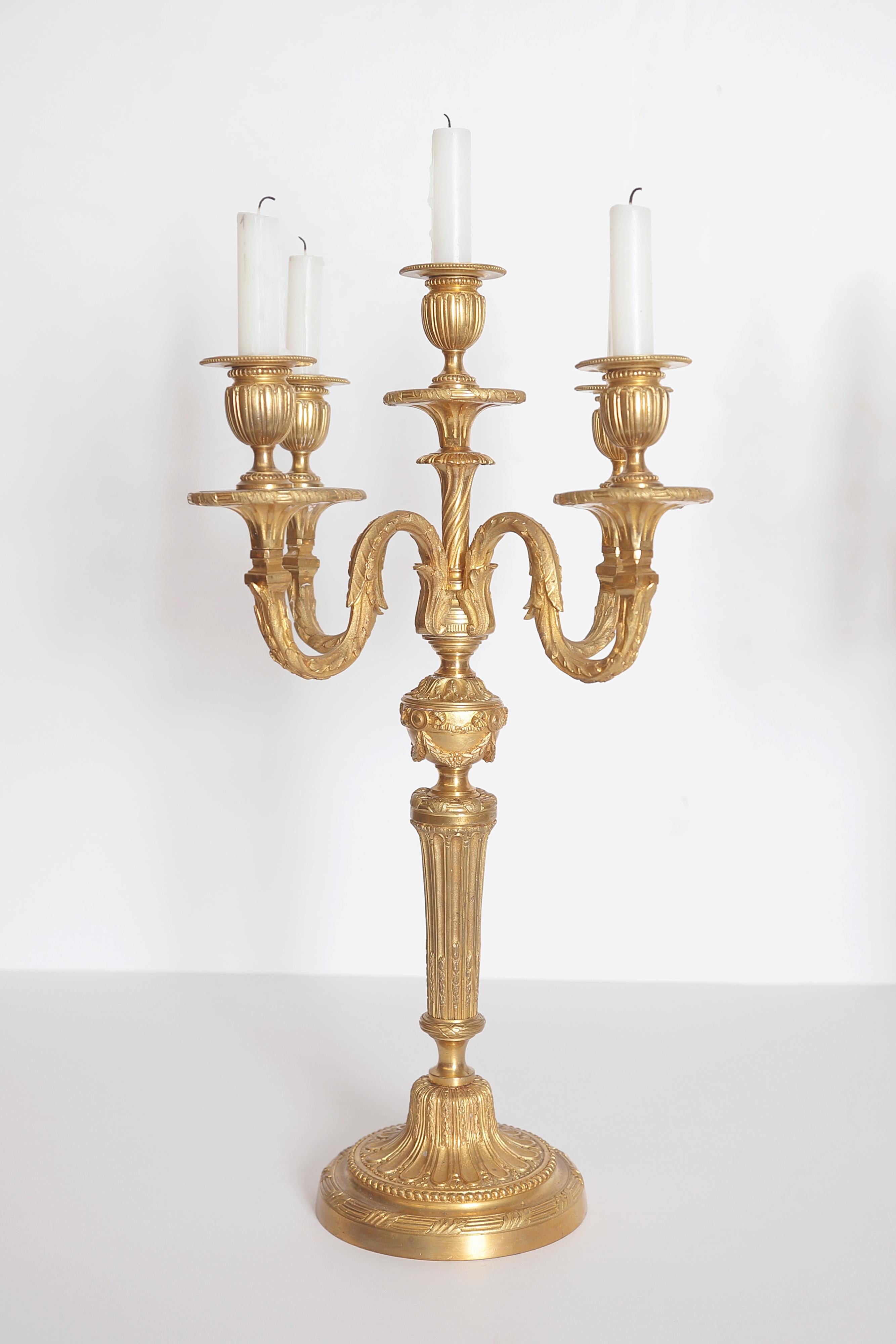 Pair of Louis XVI Style Gilt Bronze 5-Light Candelabra In Good Condition In Dallas, TX