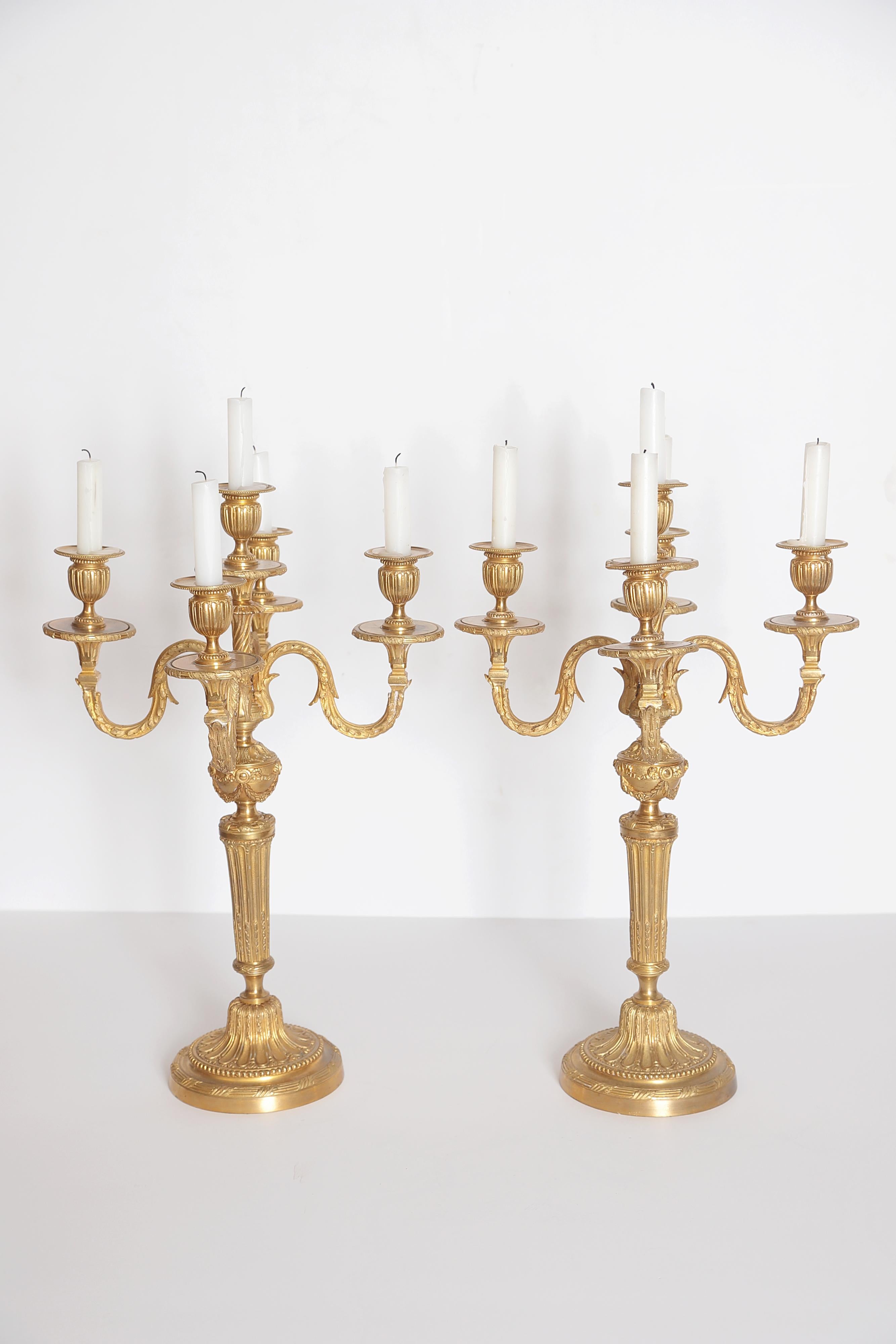 19th Century Pair of Louis XVI Style Gilt Bronze 5-Light Candelabra
