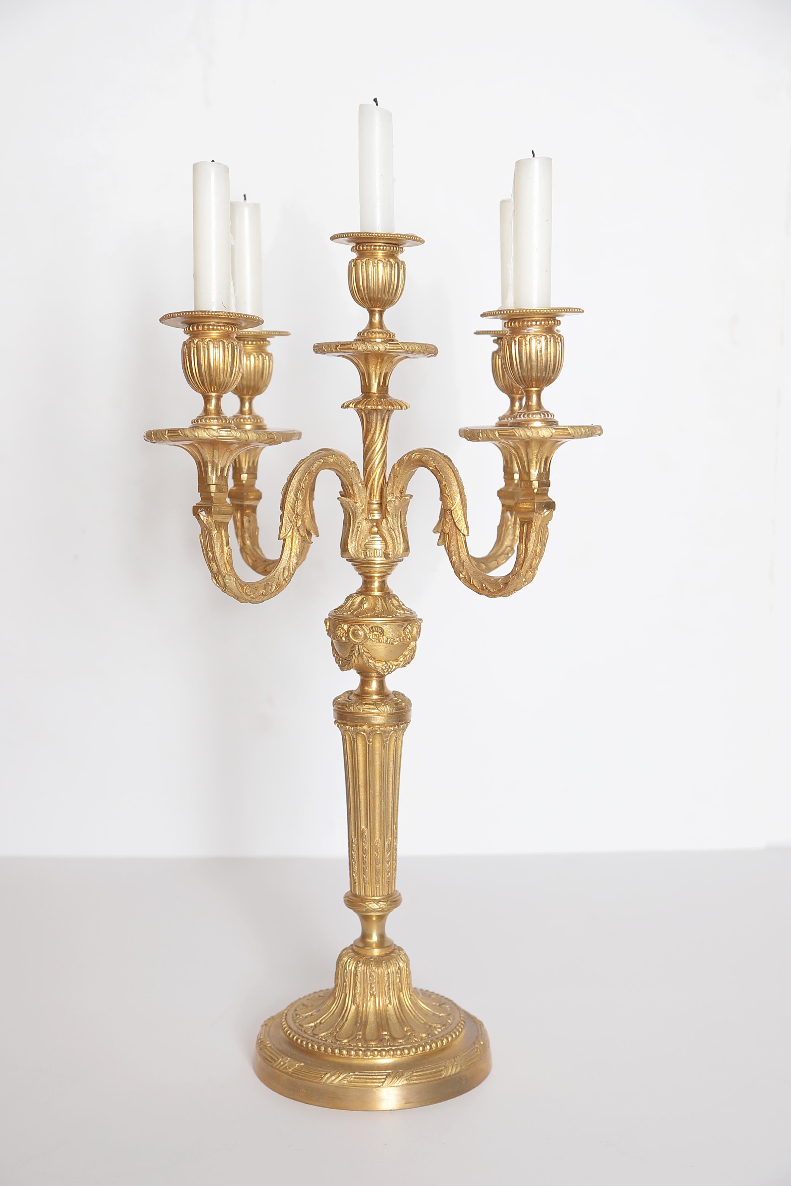 Pair of Louis XVI Style Gilt Bronze 5-Light Candelabra 1