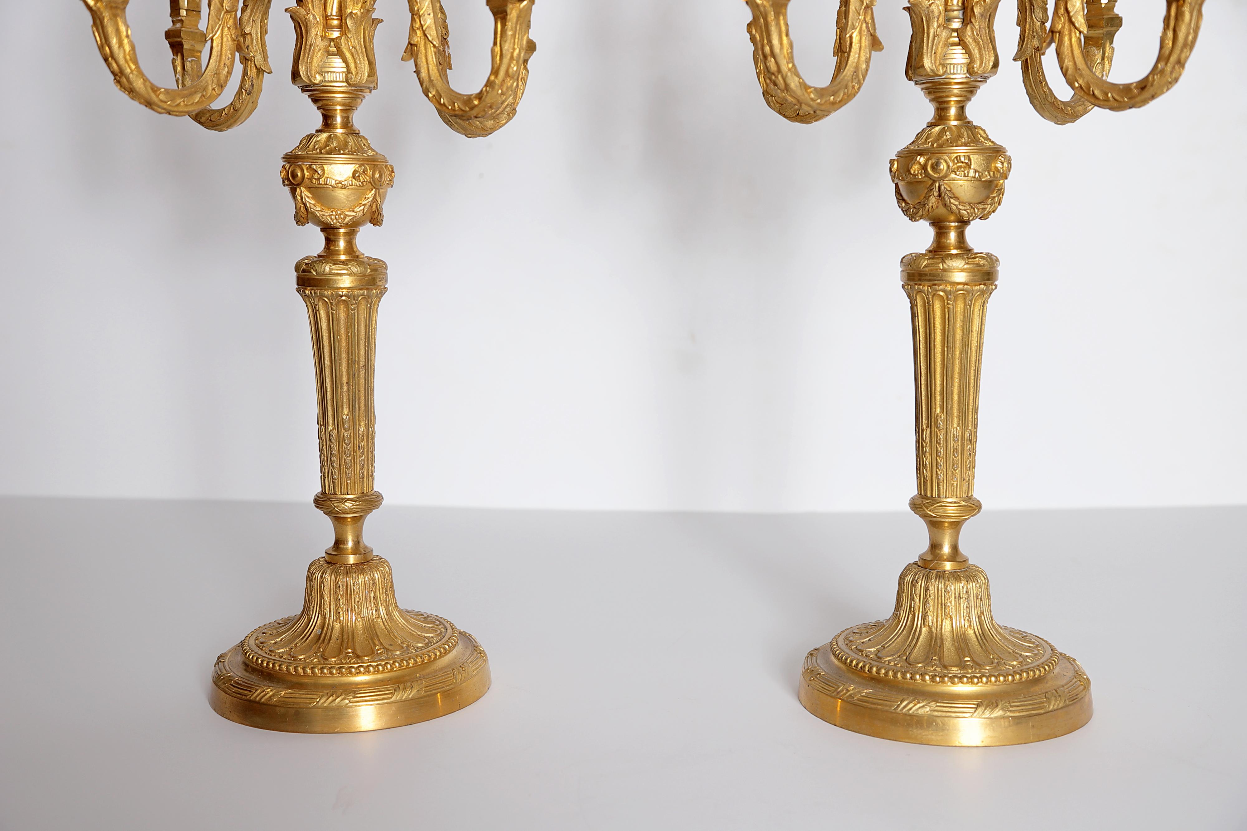 Pair of Louis XVI Style Gilt Bronze 5-Light Candelabra 2