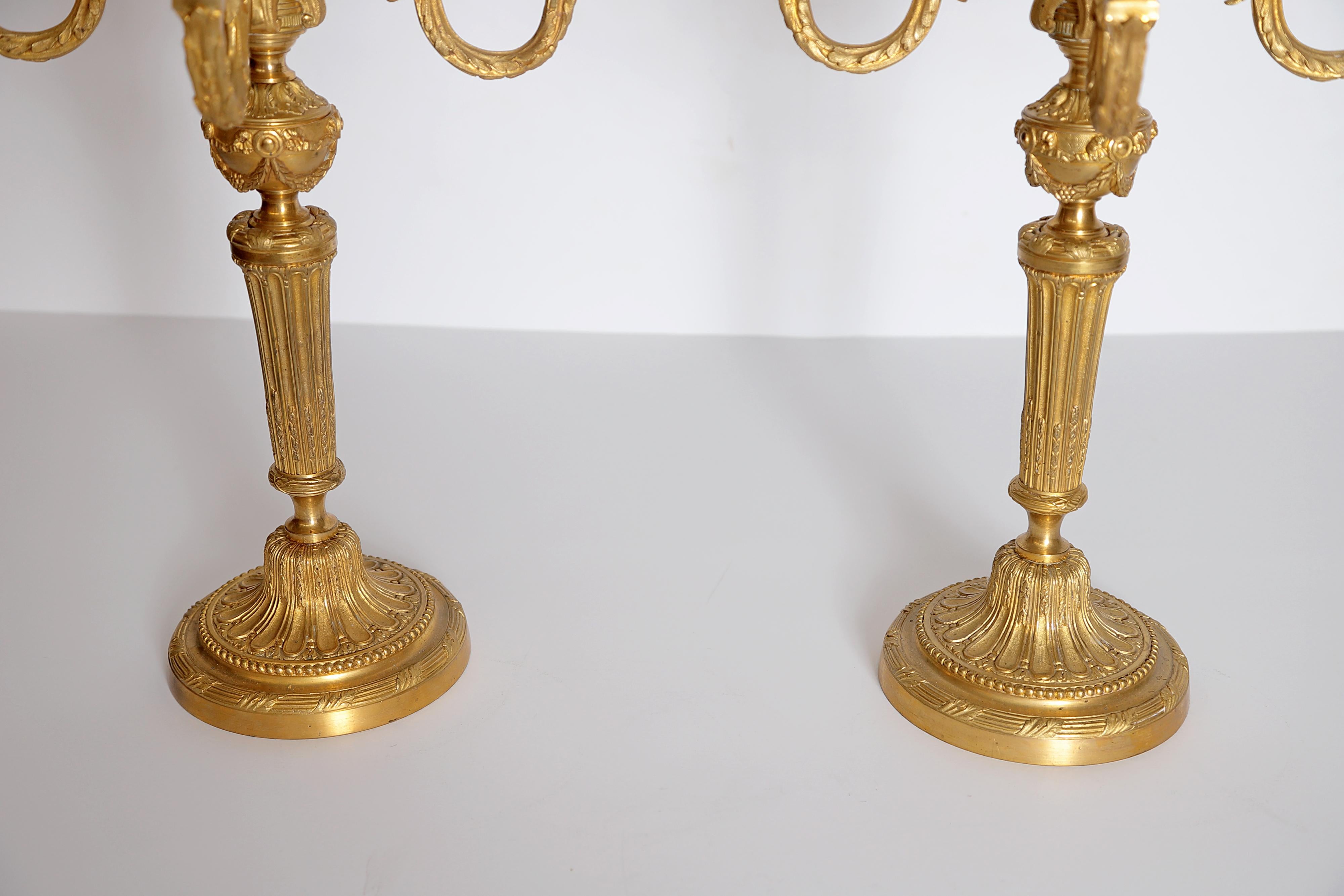 Pair of Louis XVI Style Gilt Bronze 5-Light Candelabra 3