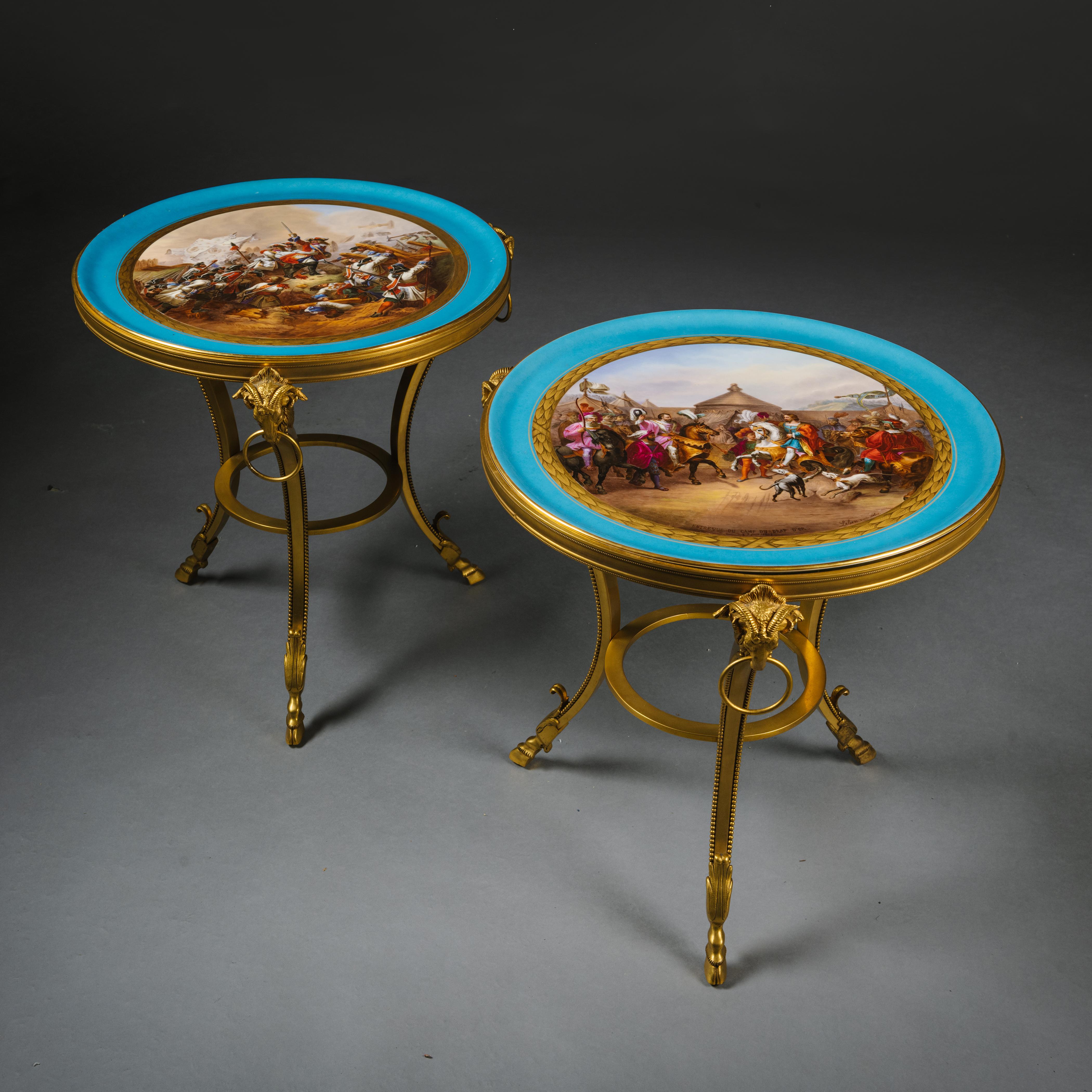 French A Pair of Louis XVI Style Gilt-Bronze and Porcelain Low Side Tables For Sale
