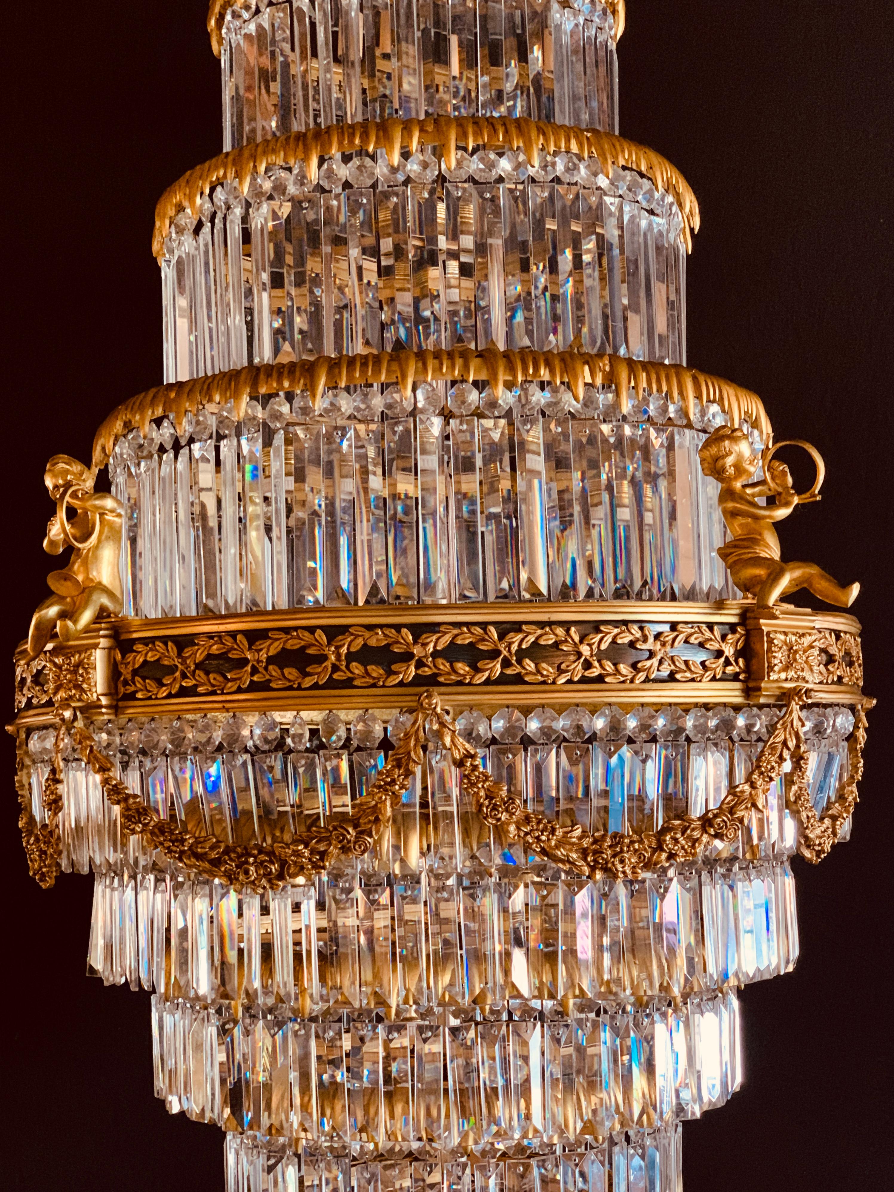 20th Century Pair of Louis XVI Style Gilt Bronze and Crystal Swag Neoclassical Chandeliers