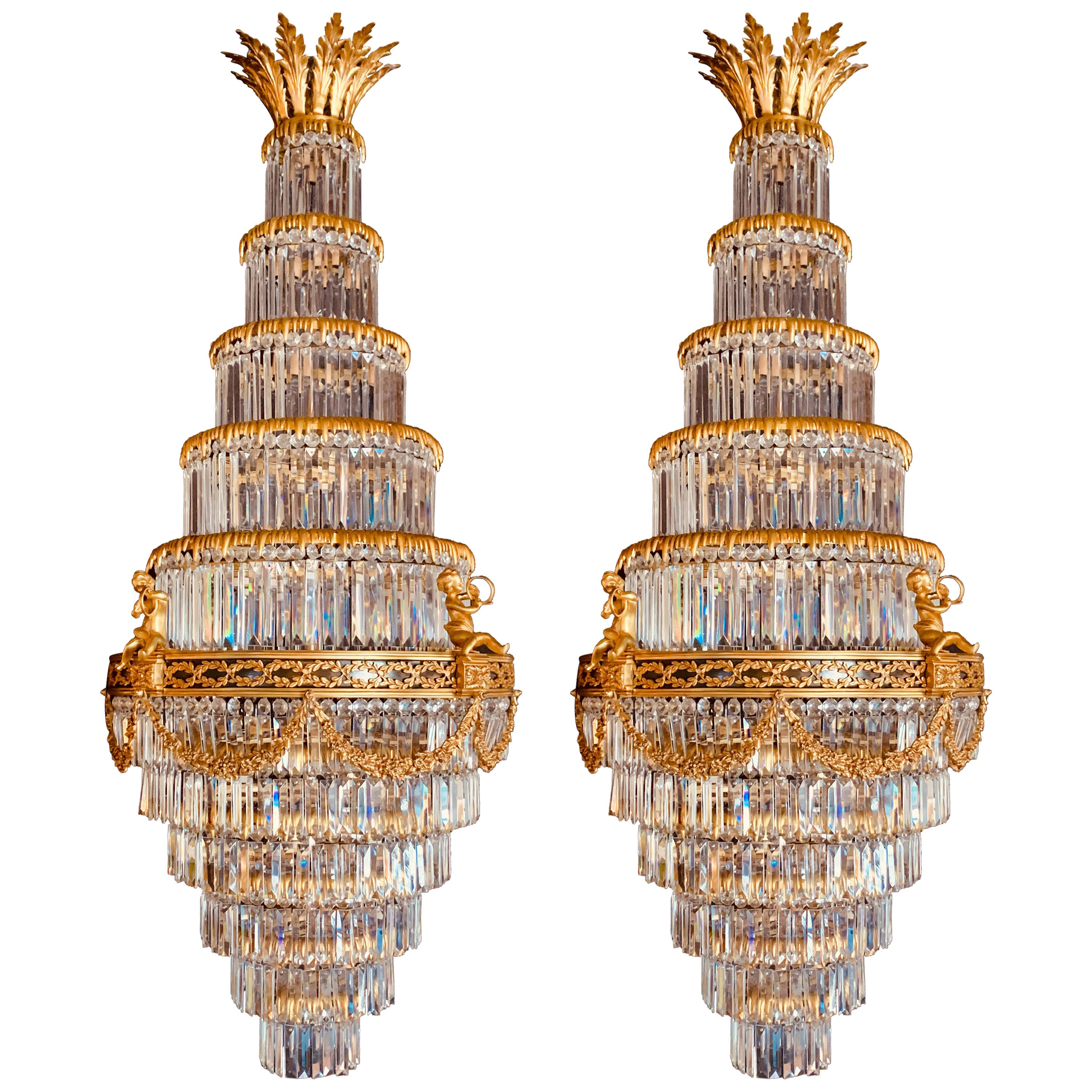 Pair of Louis XVI Style Gilt Bronze and Crystal Swag Neoclassical Chandeliers
