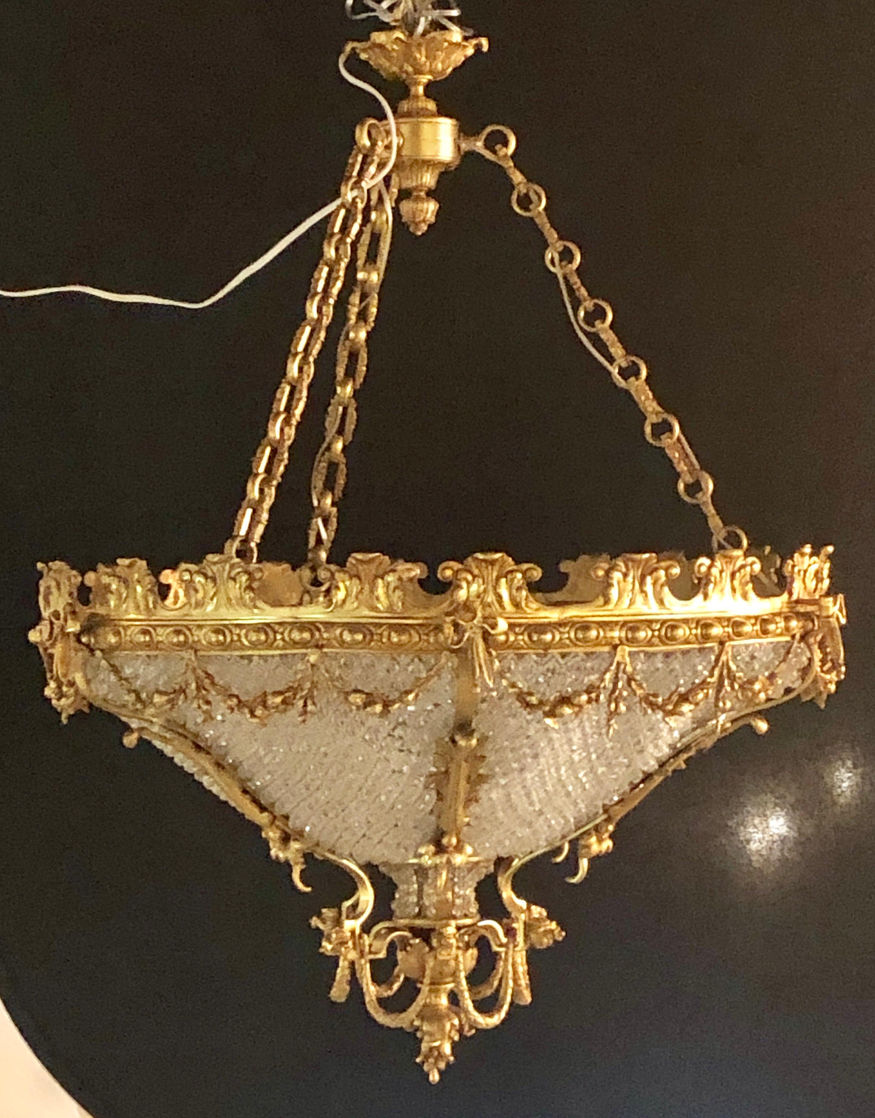 Pair of Louis XVI Style Gilt Bronze Louis XVI Style Beaded Chandeliers In Good Condition In Stamford, CT