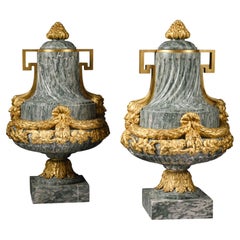 A Pair Of Louis XVI Style Gilt-Bronze Mounted Green Marble Vases