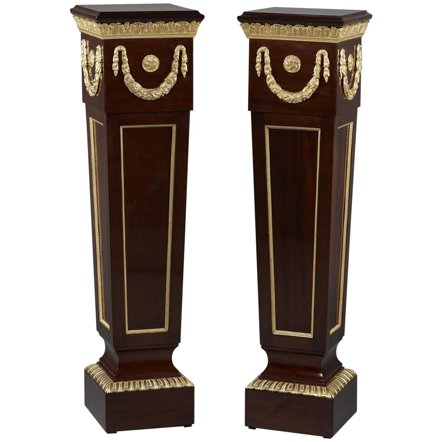 Pair of Louis XVI Style Gilt-Bronze Mounted Mahogany Pedestals, circa 1900 For Sale