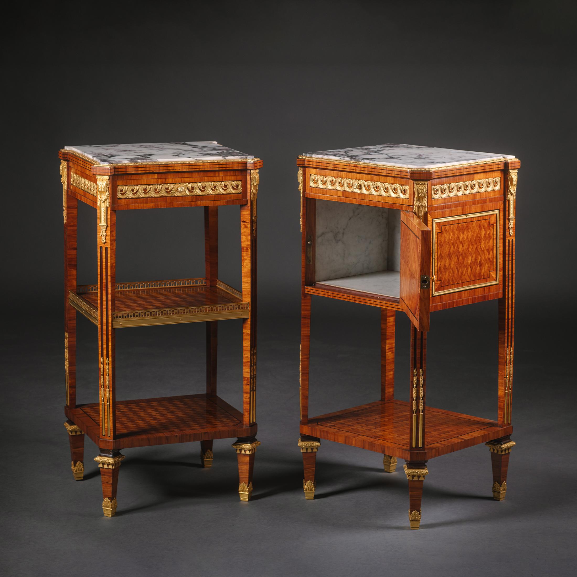 French Pair of Louis XVI Style Gilt-Bronze Mounted Parquetry beside Tables For Sale