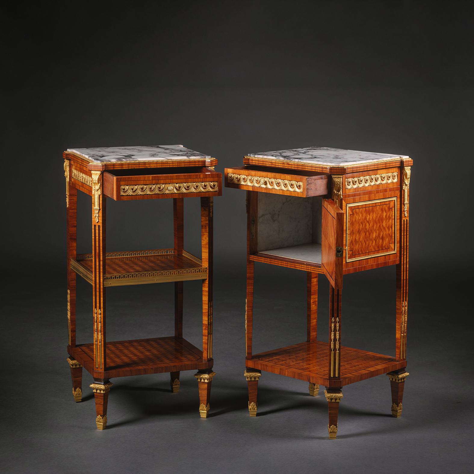 Pair of Louis XVI Style Gilt-Bronze Mounted Parquetry beside Tables In Good Condition For Sale In Brighton, West Sussex
