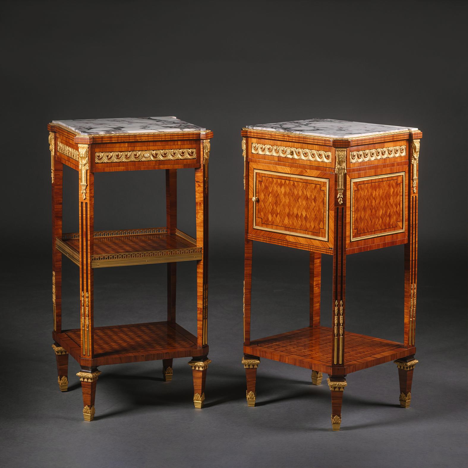 Ormolu Pair of Louis XVI Style Gilt-Bronze Mounted Parquetry beside Tables For Sale