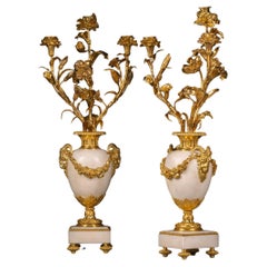 Pair of Louis XVI Style Gilt-Bronze Mounted White Marble Candelabra