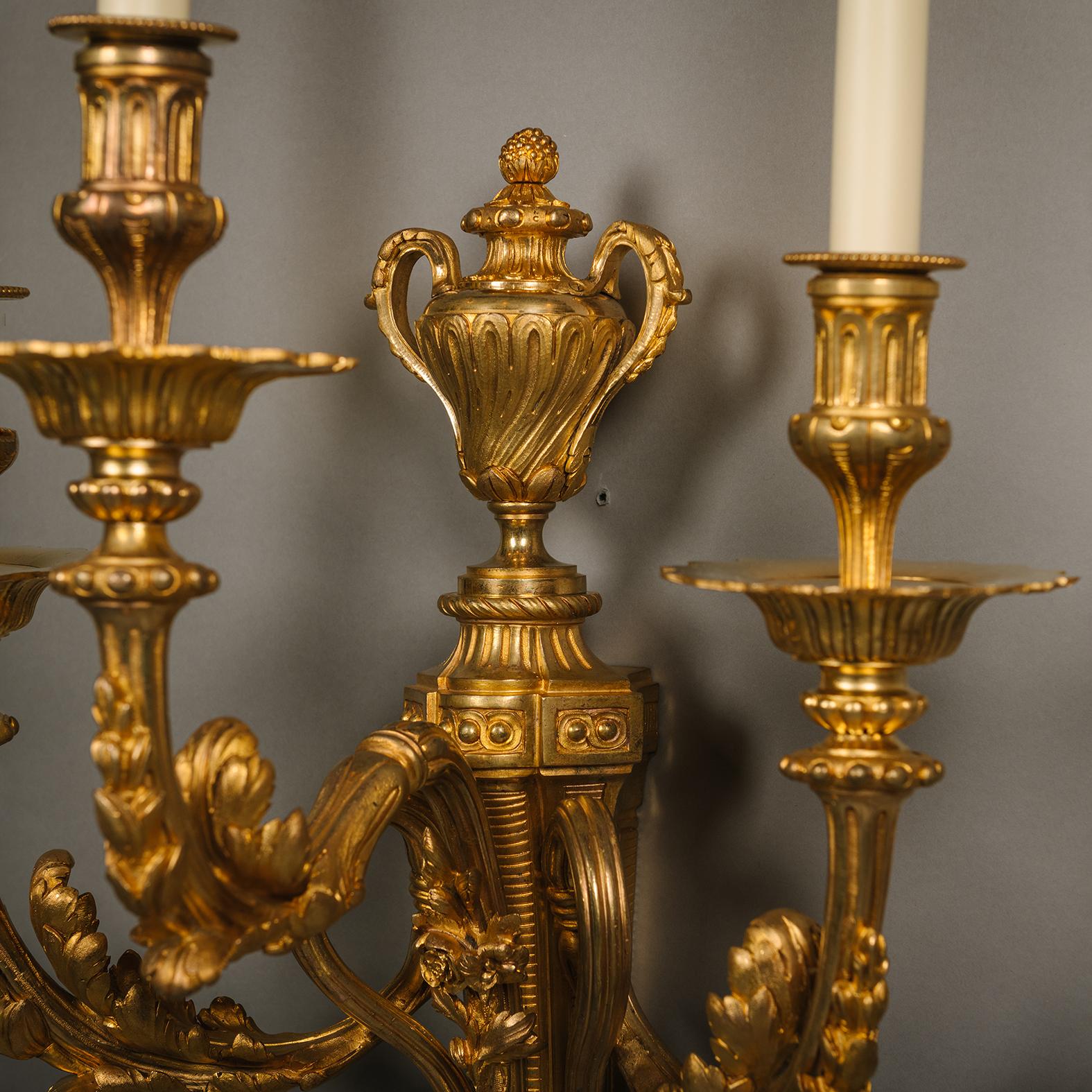 French A Pair of Louis XVI Style Gilt-Bronze Three-Light Wall-Appliques For Sale