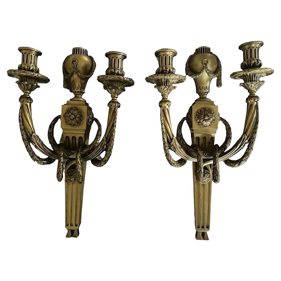 Pair of Louis XVI Style Gilt Bronze Wall Lights, Stamped C Within Diamond
