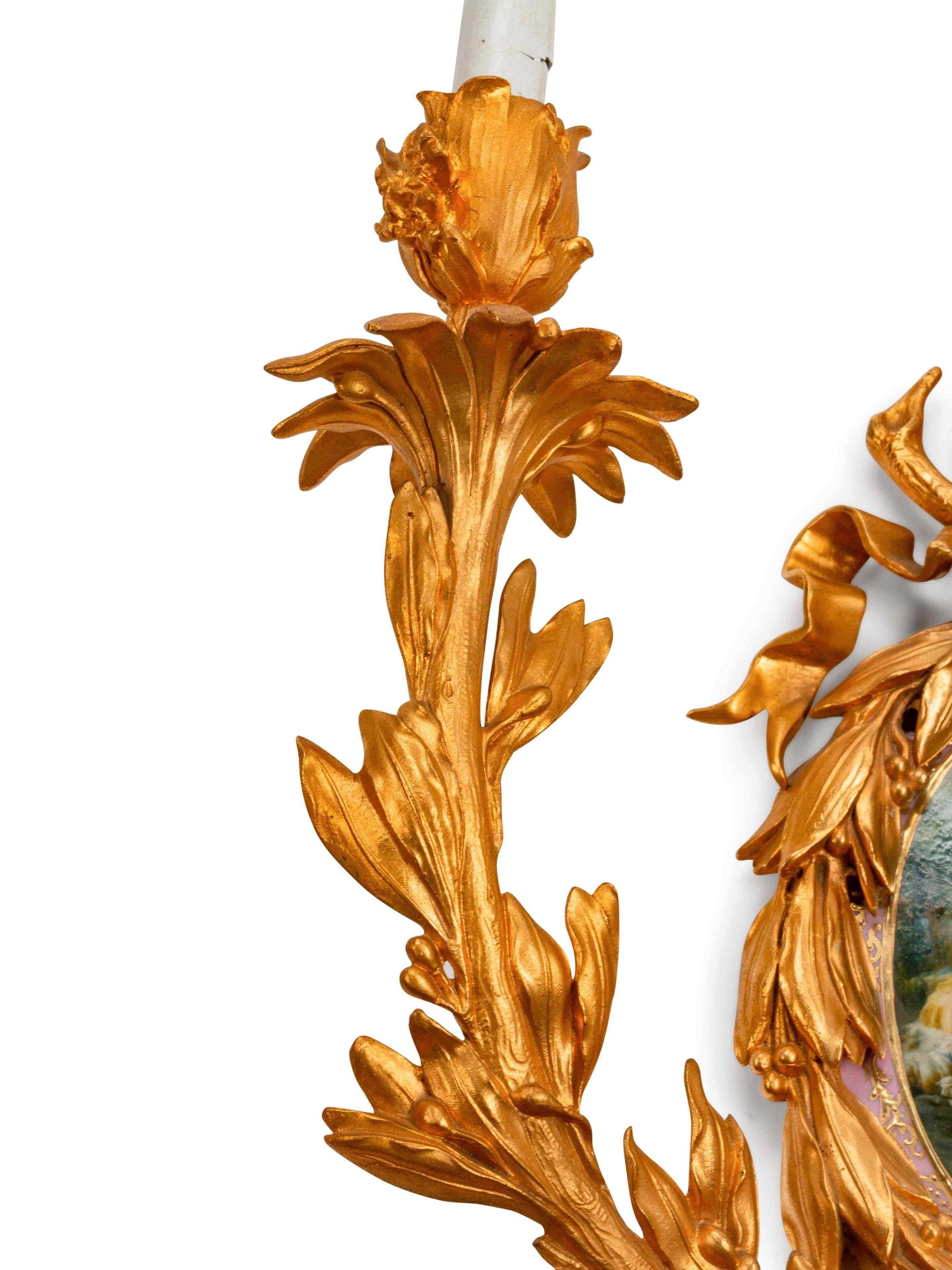 20th Century Pair of Louis XVI Style Gilt-Bronze Wall Sconces, Four-Light For Sale