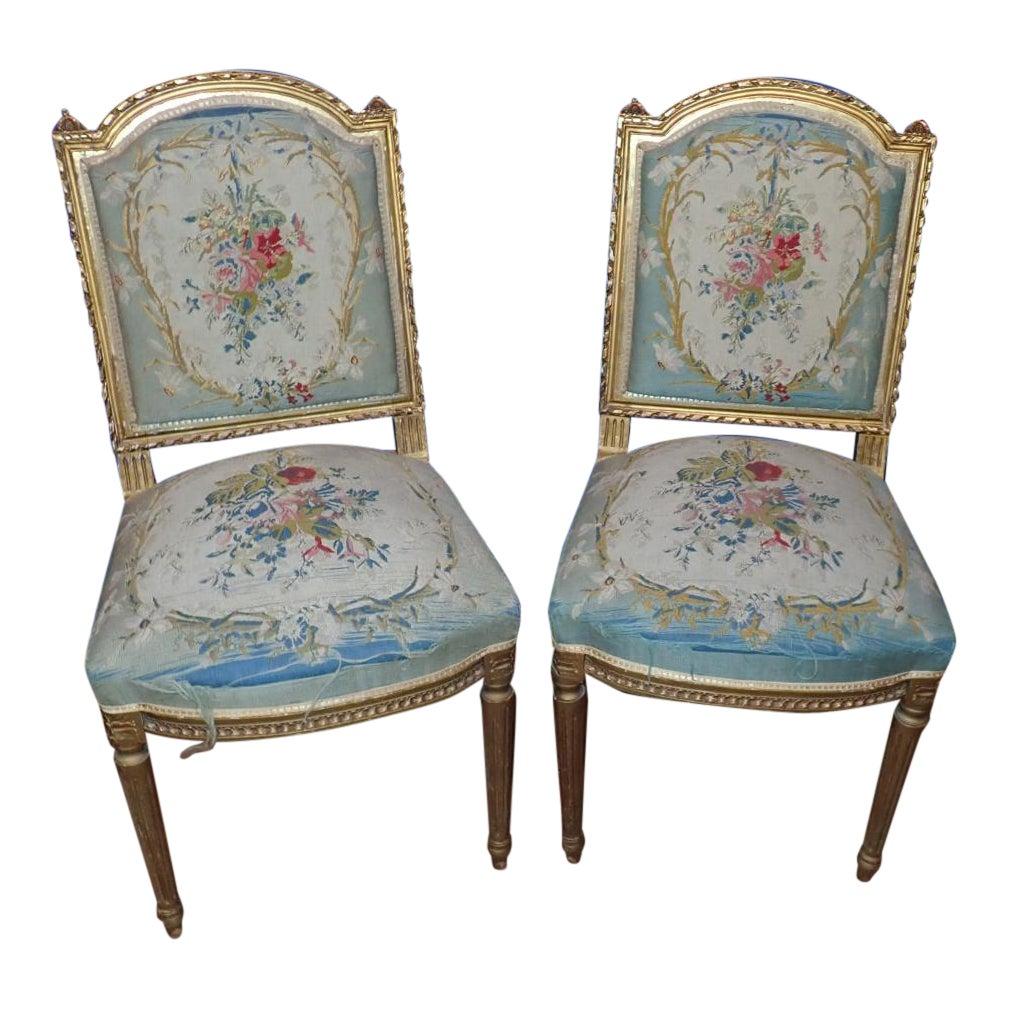 A Pair of Louis XVI Style Gilt Petit Point Embroidered Chairs
