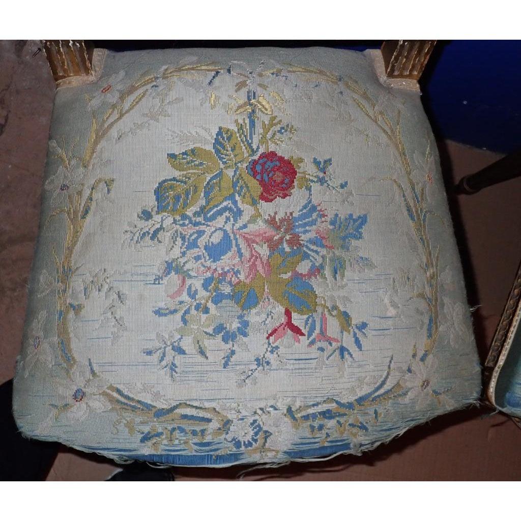 A Pair of Louis XVI Style Gilt Petit Point Embroidered Chairs In Fair Condition In Norwood, NJ