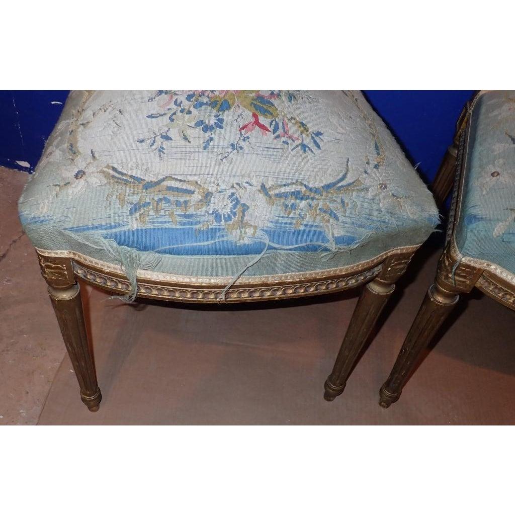 19th Century A Pair of Louis XVI Style Gilt Petit Point Embroidered Chairs