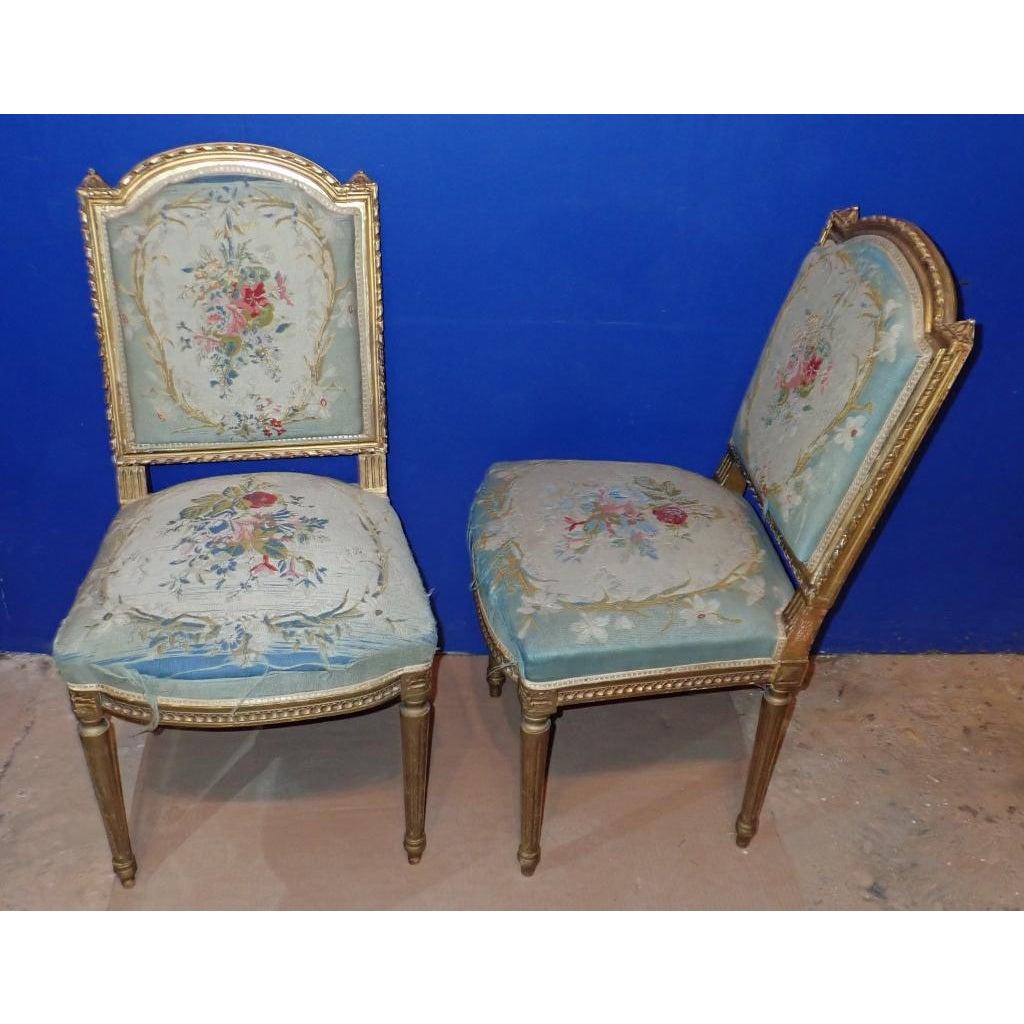 A Pair of Louis XVI Style Gilt Petit Point Embroidered Chairs 1
