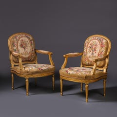 Pair of Louis XVI Style Giltwood and Tapestry Fauteuils