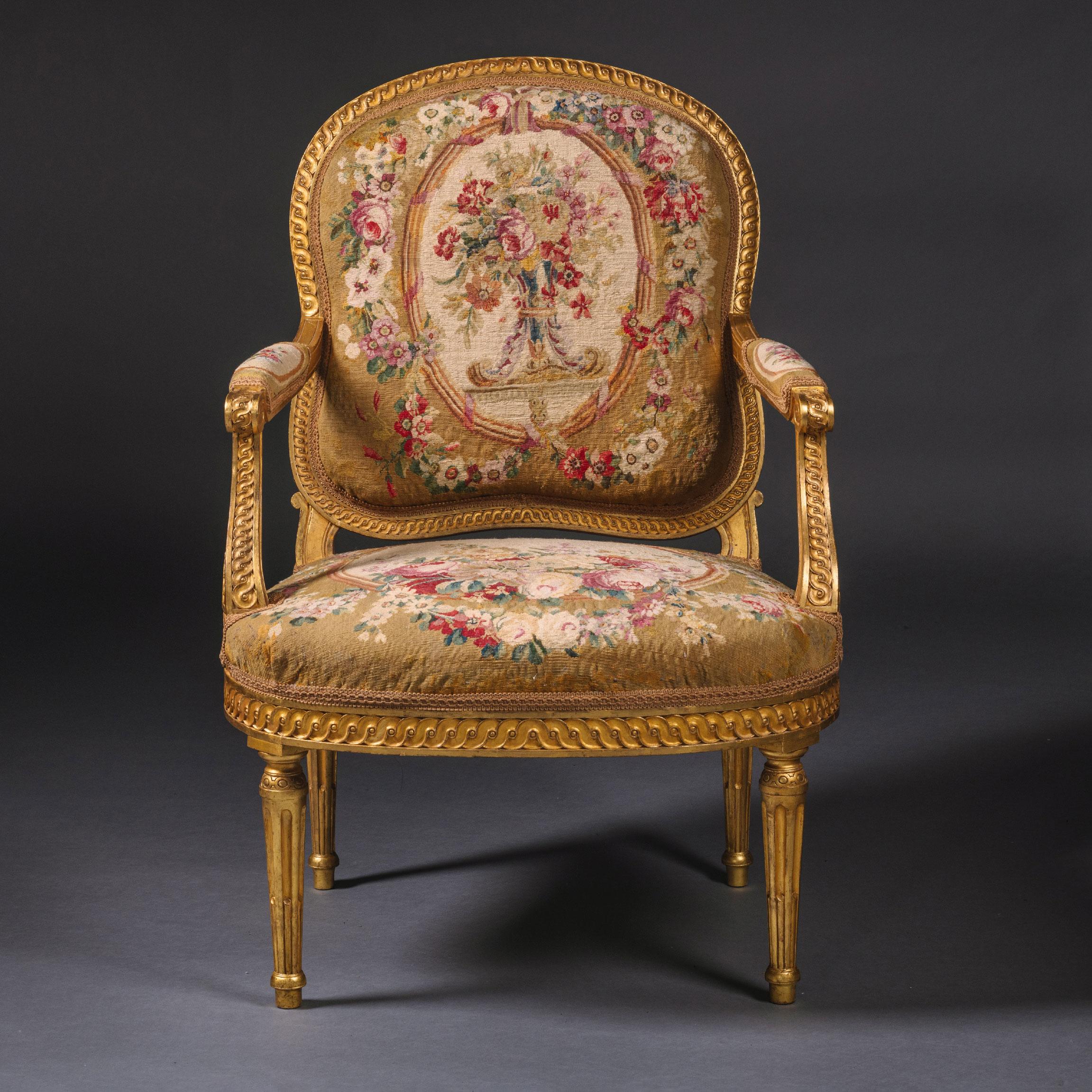 French Pair of Louis XVI Style Giltwood and Tapestry Fauteuils For Sale