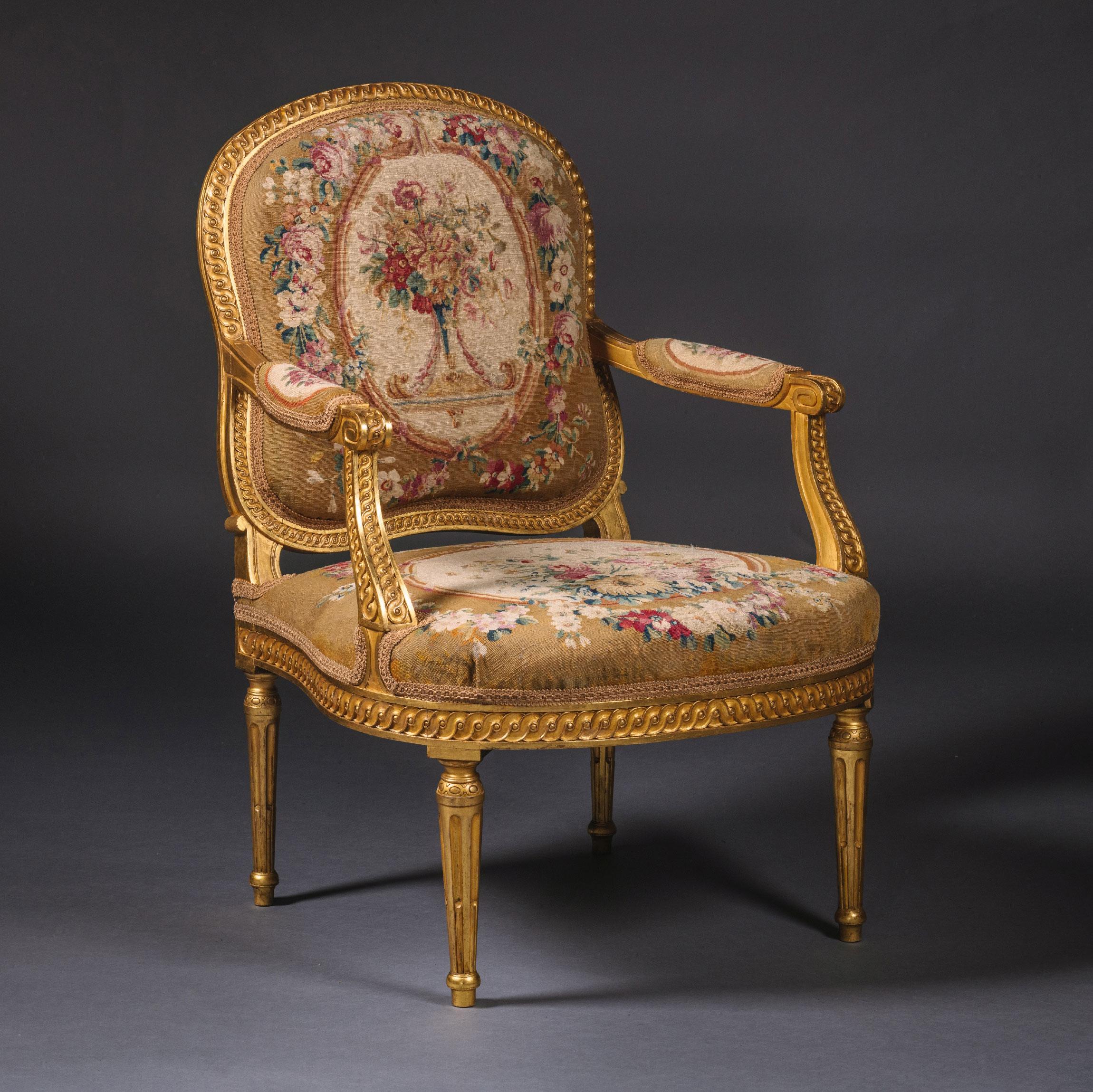 Pair of Louis XVI Style Giltwood and Tapestry Fauteuils In Good Condition For Sale In Brighton, West Sussex