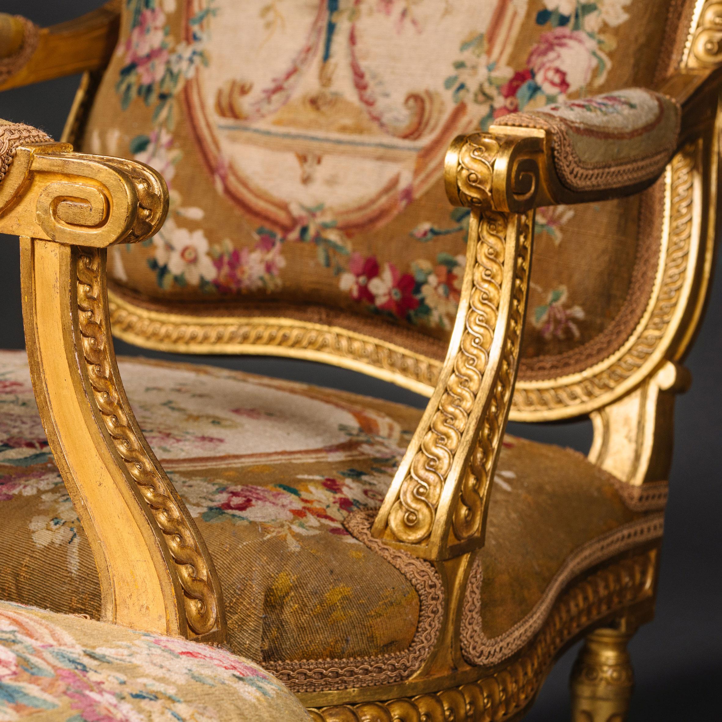 Pair of Louis XVI Style Giltwood and Tapestry Fauteuils For Sale 1