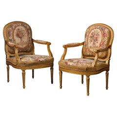 Pair of Louis XVI Style Giltwood and Tapestry Fauteuils