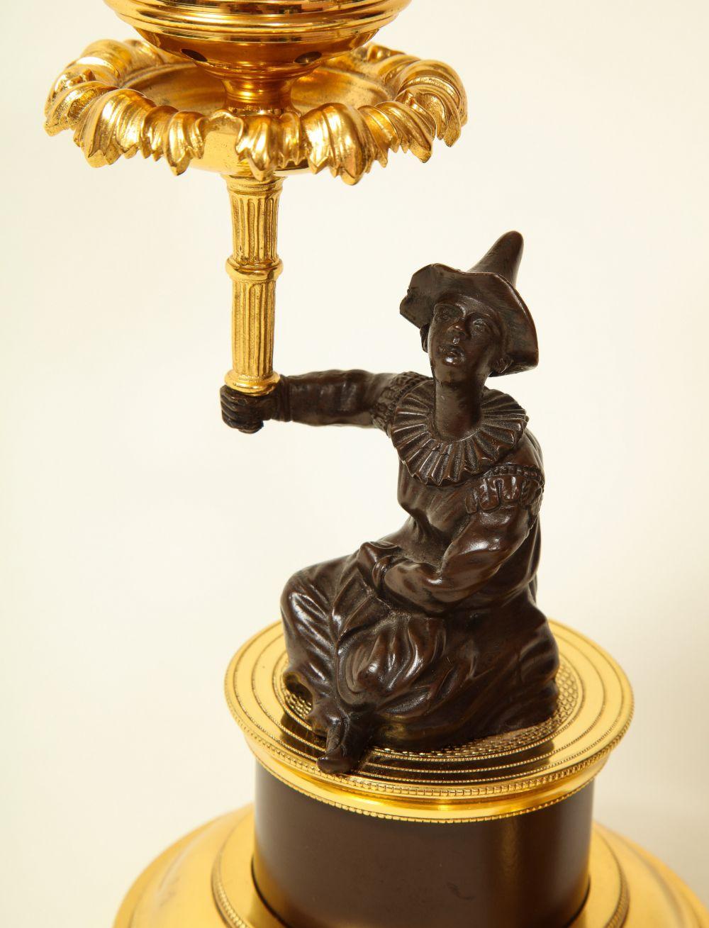 20th Century Pair of Louis XVI Style Harlequin Figural Bronze and Gilt-Bronze Candlesticks For Sale