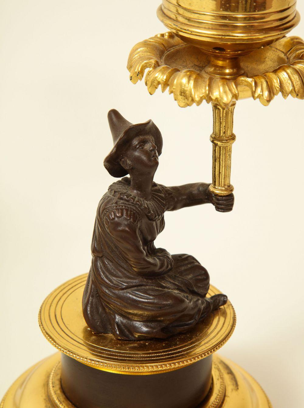 Ormolu Pair of Louis XVI Style Harlequin Figural Bronze and Gilt-Bronze Candlesticks For Sale