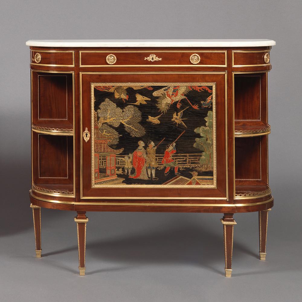 A Fine Pair of Louis XVI Style Gilt-Bronze Mounted Mahogany Petites Commodes Incorporating Exceptional Eighteenth Century Chinese Lacquer Panels.  

Stamped on the lock ‘Duvivier, Paris, 77 F St Antoine’. 

Each commode has a a shaped white marble