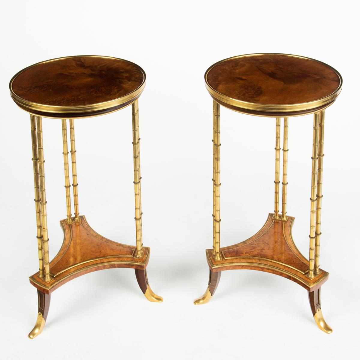 French A pair of Louis XVI style mahogany and ormolu gueridons, after Adam Weisweiler For Sale